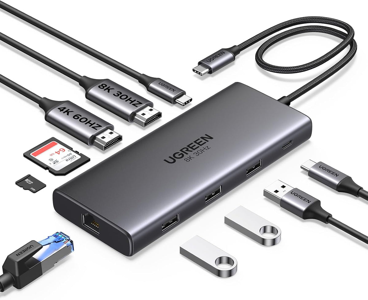 UGREEN USB C Docking Station Dual Monitor, 10-in-1 Laptop Dock with 2 HDMI | 2x HDMI, Single 8K, 100W PD, 1Gbps Ethernet, 4x 5Gbps USB-A/C Data, SD/TF, Revodok Pro Aluminum USB-C Dock for Dell/HP/Lenovo