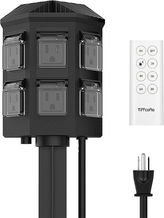 TiFFCOFiO Outdoor Power Stake Timer, 100FT Remote Control, Dusk to Dawn Christmas Light Timer, 6FT Extension Cord Waterproof, 6 Grounded Outlets for Outdoor Christmas Decorations, ETL Listed