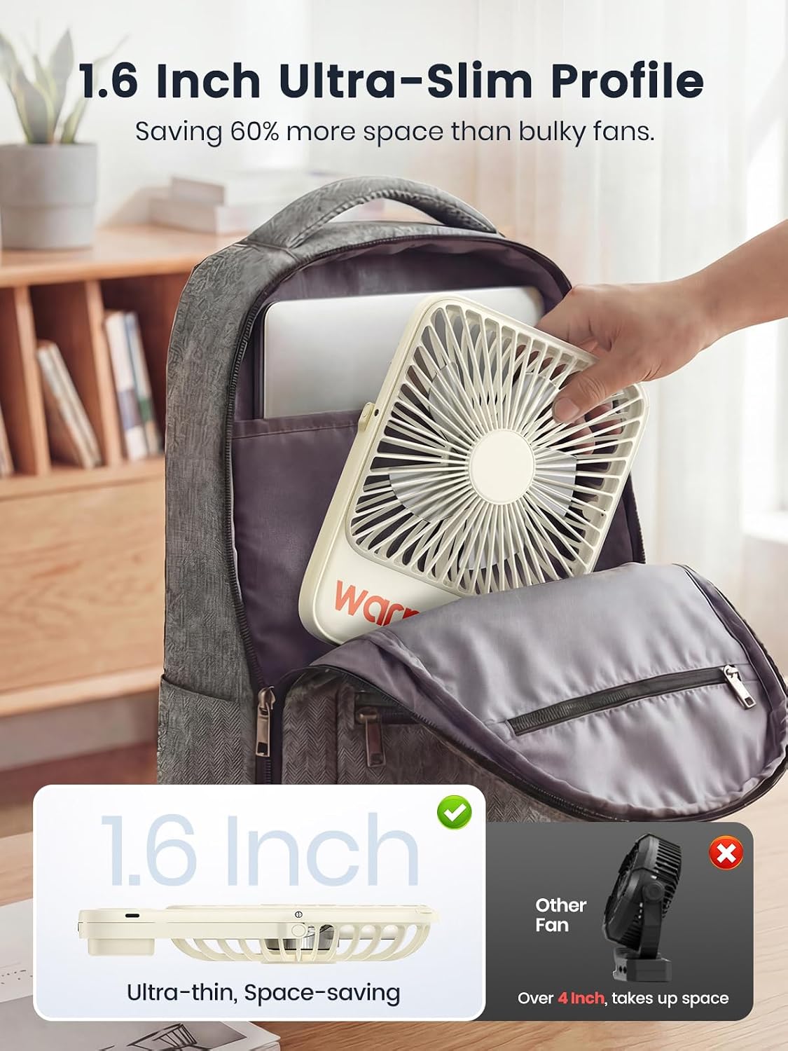 Warmco D3 Portable Travel Fan 10000mAh, Ultra-Slim, 24H Runtime | Quiet 7-Inch Rechargeable Desk Fan, Digital Display For Sleeping, Office, Bedroom & Cruise