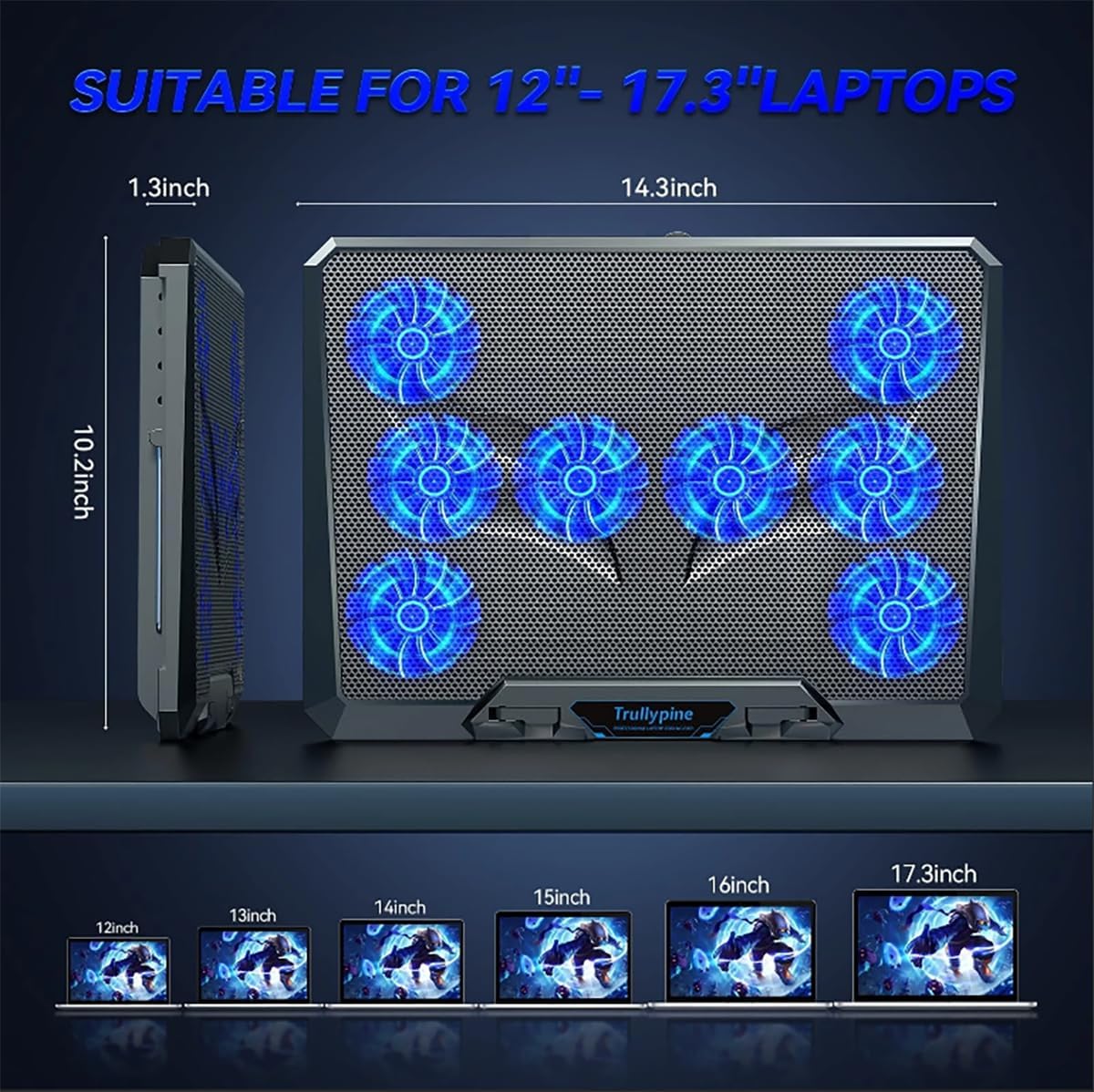 Laptop Cooling pad for Dell Latitude 3340 Gaming laptops, Laptop Cooler with 8 Fans, Adjustable Speed, 5-Level Height Adjustment, Mute Silent,Built-in Phone Stand