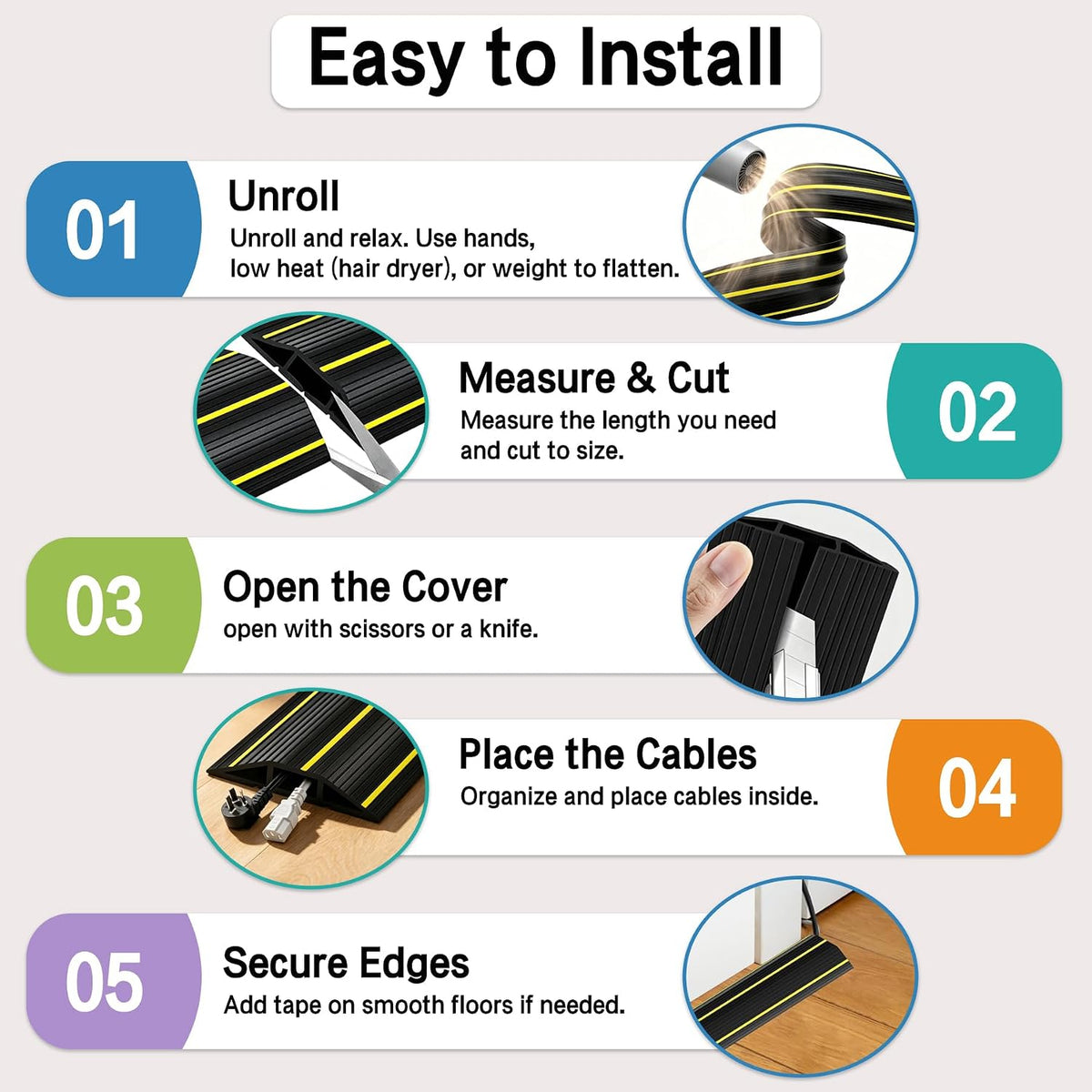 10Ft Cord Covers for Wires on Floor, 3-Channel PVC Floor Cable Cover for Small to Medium Wires, Anti-Slip Base with Yellow Warning Stripes, Indoor Floor Cord Cover for Home Office Events