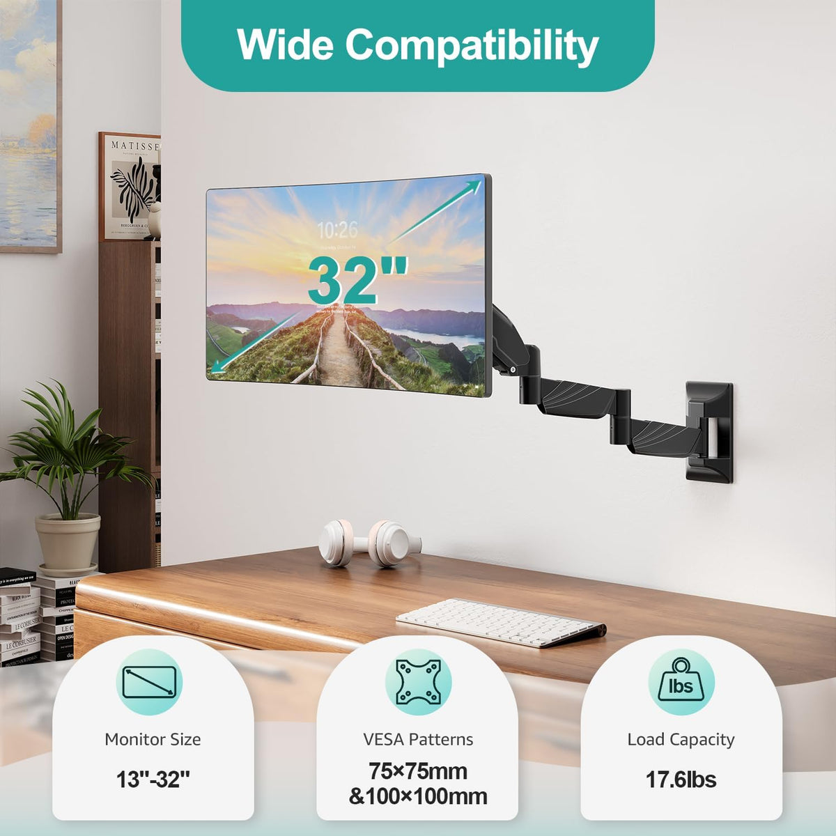 MOUNT PRO Monitor Wall Mount for 13 to 32 inch Computer Screen, Extra Long Adjustable Single Wall Mount Monitor Arm, Full Motion Vesa Wall Bracket 100x100, Hold up to 17.6lbs, Black