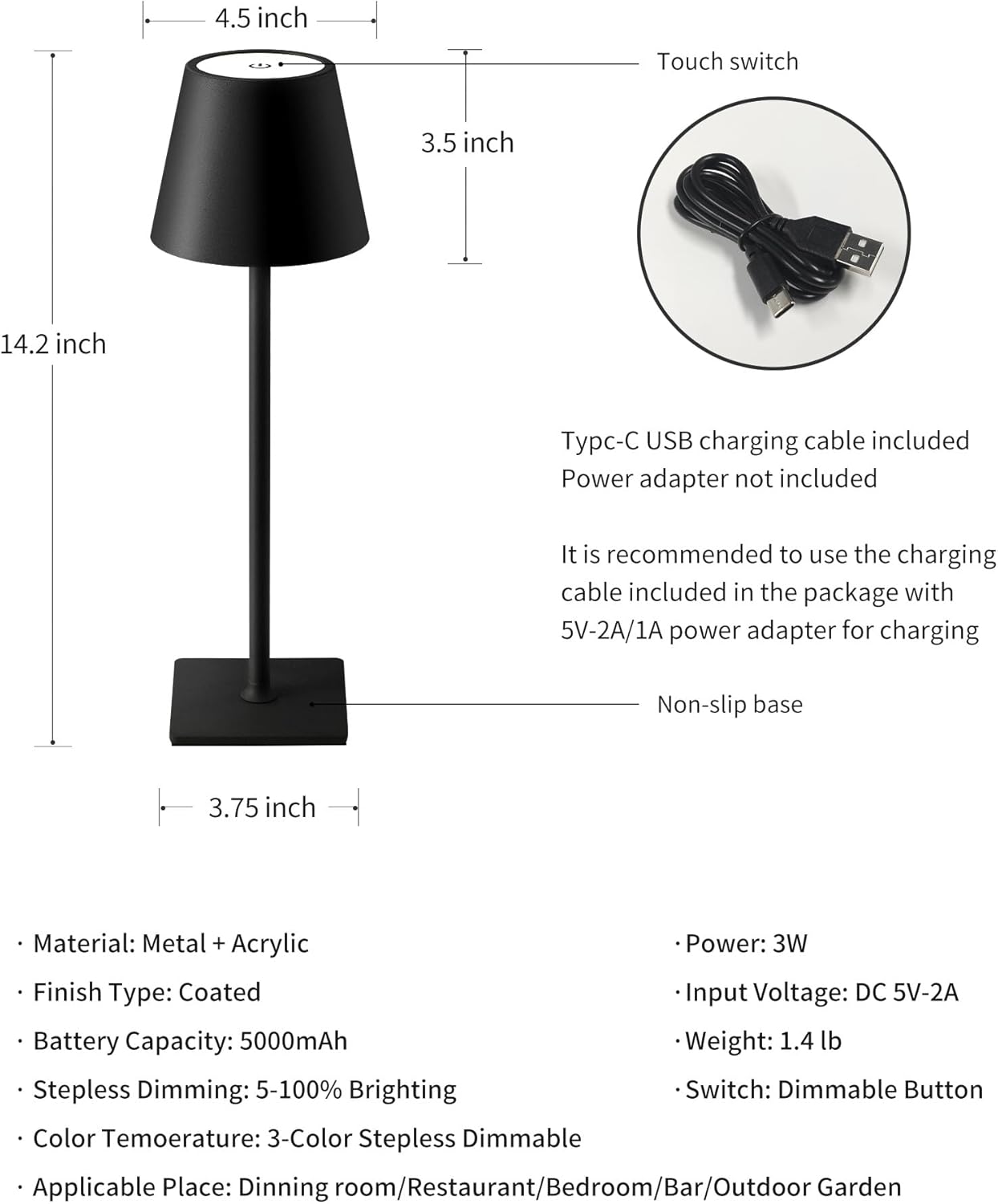 KDG Cordless Black Table Lamp, Portable Desk Lamp, 5000mAh Battery Operated | LED 3 Color Stepless Dimming Up, for Restaurant, Bedroom, Bars, Outdoor Party, Camping, Coffee Shop, Atmosphere Night Light