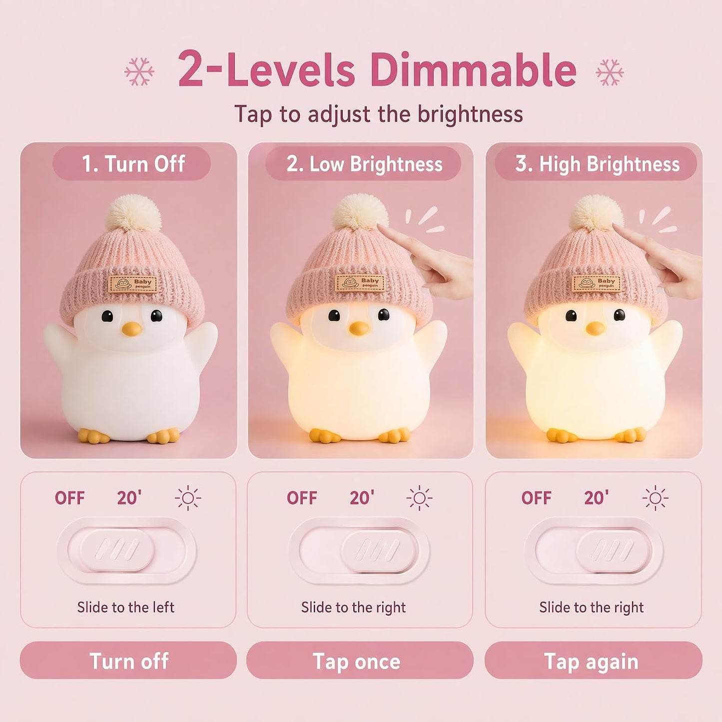 Penguin Night Light for Kids, Squishy Silicone Nursery Lamp | Touch Control, 24-Hour Battery, 20-Min Timer, 3000K Warm LED, BPA-Free Silicone, Nursery Decor, Gift for Kids