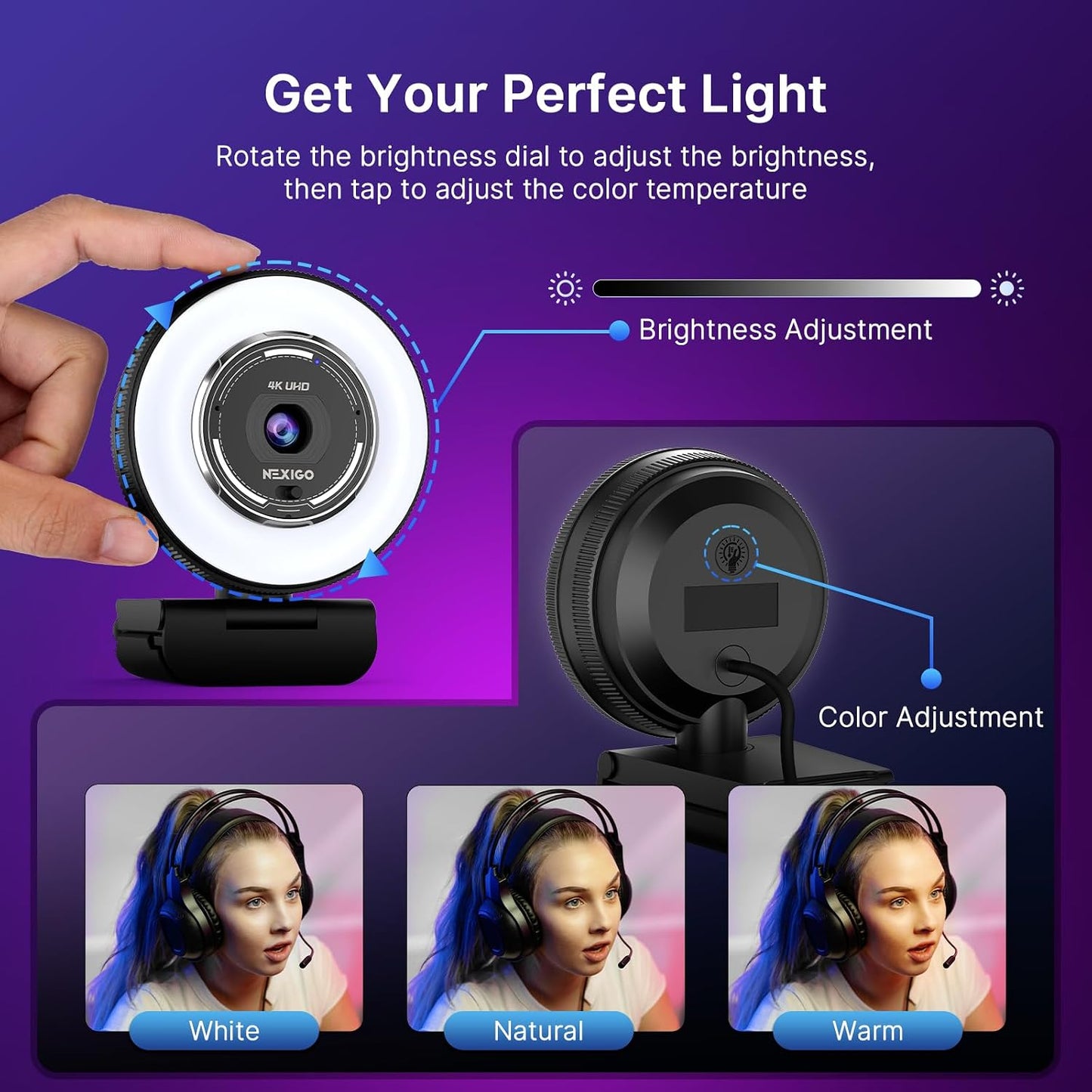 NexiGo N680E Pro 4K Webcam with Ring Light, PDAF Autofocus, 1080p 60FPS, Dual Noise-Canceling Mics, Privacy Shutter, USB Plug-and-Play for Zoom, Teams, Twitch, Google Meet