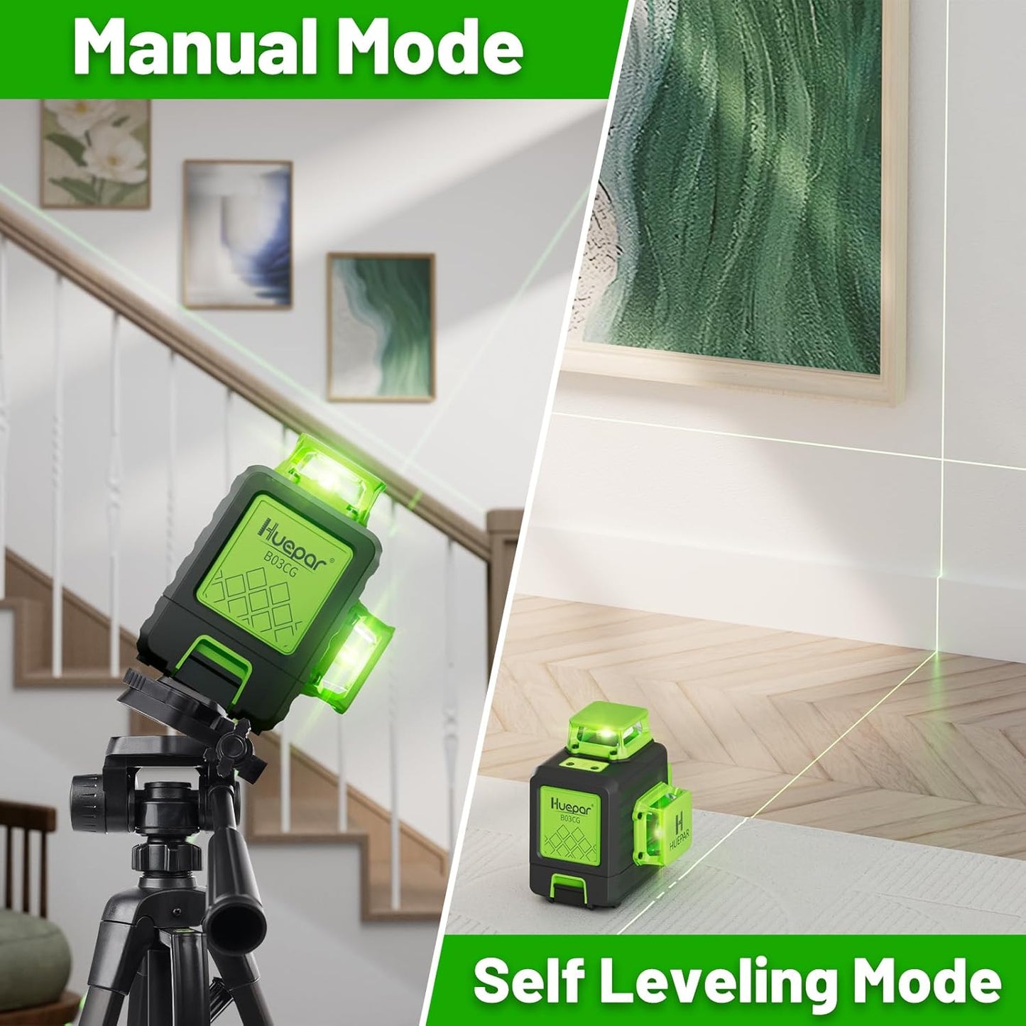 HUEPAR Laser Level 360 Self Leveling, Rechargeable 3D High Brightness Green Laser 3x360° Best Laser Leveler Tool for Construction and Picture Hanging, Strong Magnetic Bracket & Hard Suitcase