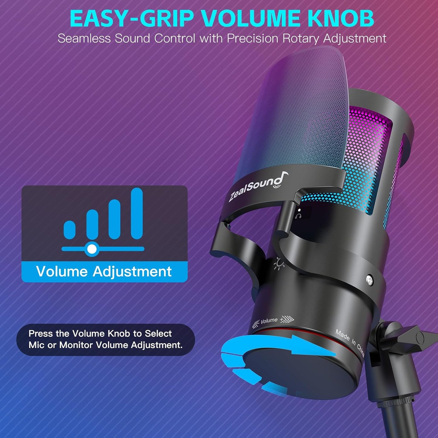 ZealSound USB Microphone for PC Mac iPhone & Android, Podcast Mic with Noise Cancellation, Touch Mute, RGB Light, Volume & Monitor Control, for Streaming Gaming Podcasting ASMR TikTok Discord YouTube