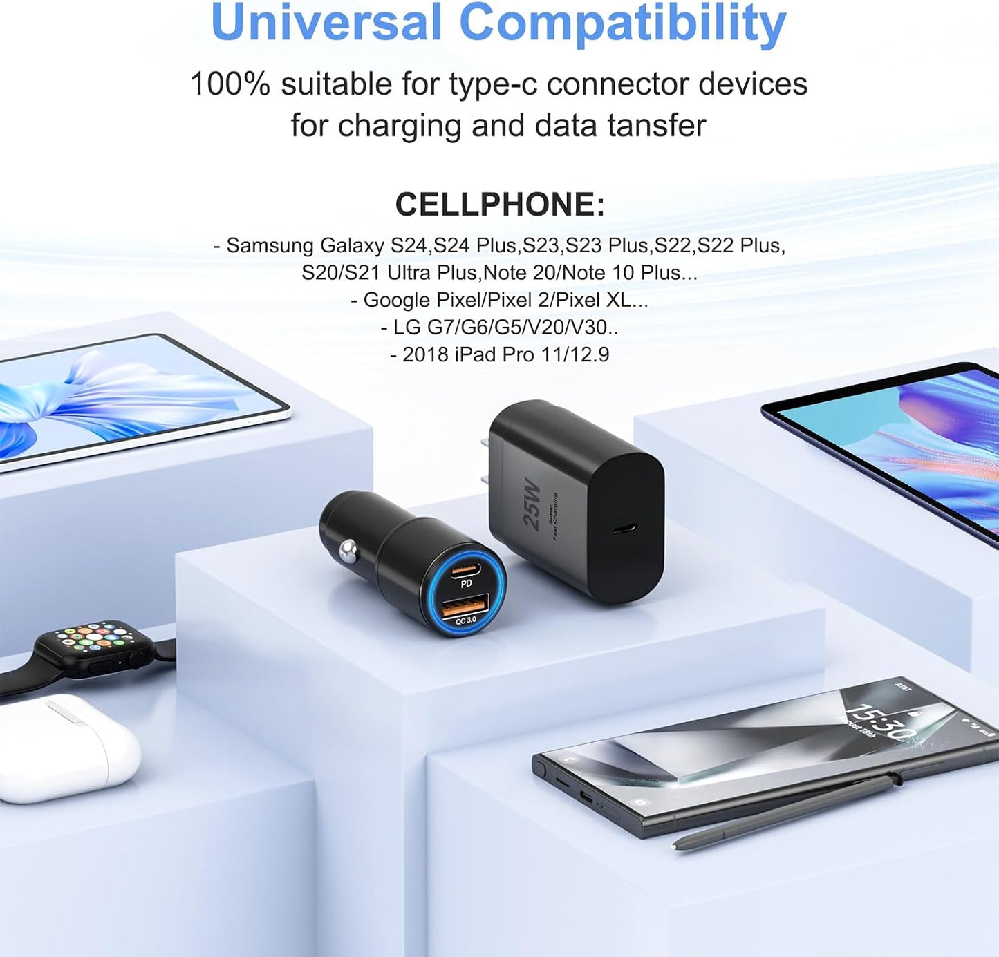 Samsung Super Fast Charger Type C Kit,25W PD USB C Wall/Car Charger | for Samsung Galaxy S26/S25/S24/S23/S22/Plus/Ultra/FE/Note 20/10/A71,2020/2018 Pad Pro/Air,with 2X USB C-to-C Cable(6.6ft)