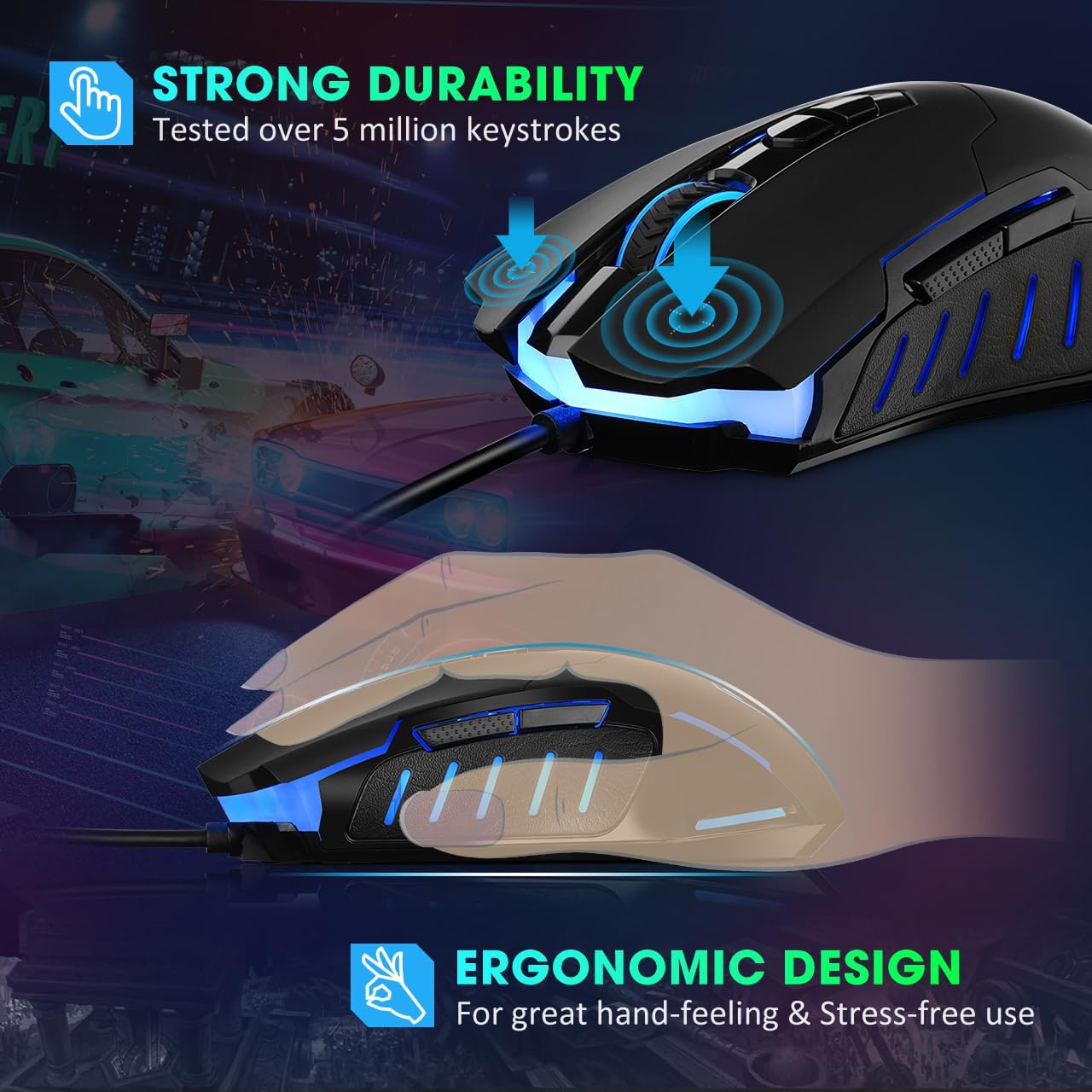 Wired Gaming Mouse, Ergonomic Mice, 7 Buttons 7200DPI for Laptop PC Gamers | Adjustable 7200 DPI, colorful RGB LED lighting, durable wired connection, great for gaming, daily work and office computer