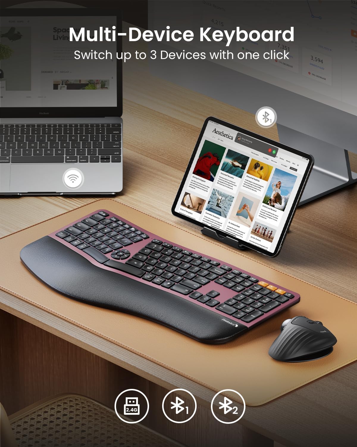 ProtoArc EK01 Plus Backlit Bluetooth Ergonomic Keyboard, Full Size, Red | Adjustable brightness, split design, cushioned wrist rest, connect 3 devices via Bluetooth/2.4G, 2000mAh USB-C rechargeable.