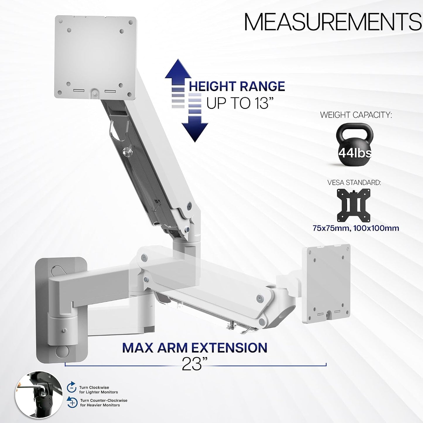 VIVO Premium Aluminum Heavy Duty Monitor Arm for Ultrawide Screens up to 49 inches and 44 lbs, Single Wall Mount, Pneumatic Height, Max VESA 100x100, White, MOUNT-V101G1W