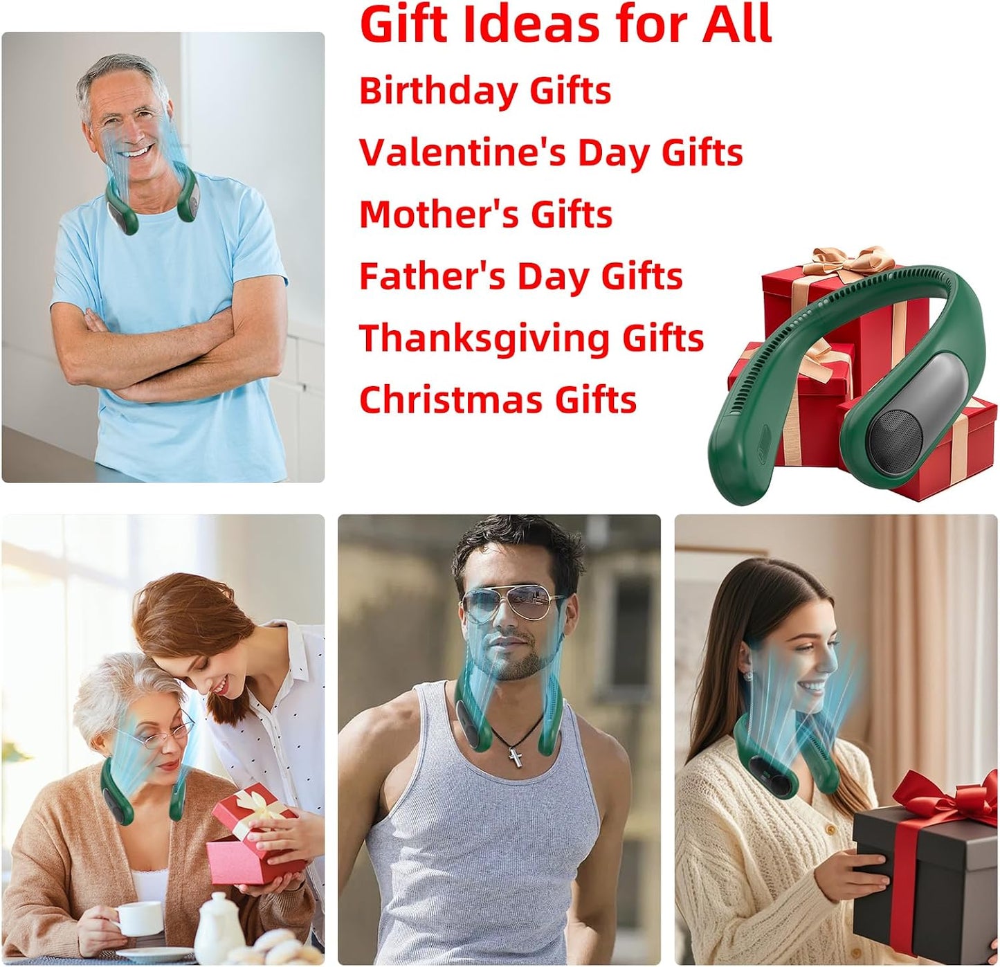 Portable Neck Fan, Personal Wearable Bladeless Fan for Outdoor Indoor, LED Display, 360° Cooling, 4-Speeds, 6000mAh USB Rechargeable, Birthday Gifts for Men Women Dad Mom (Dark green)