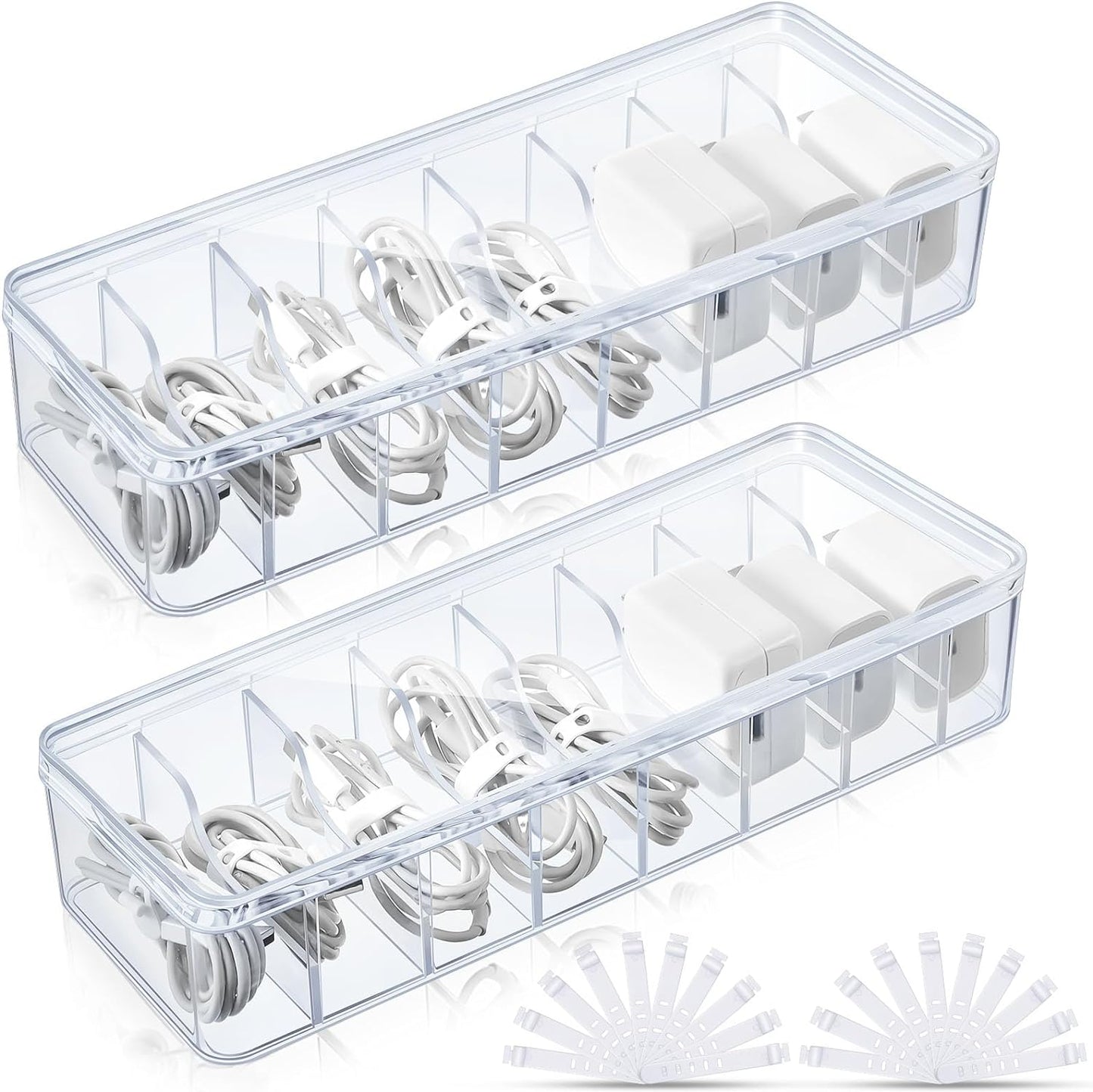 Tatuo 2 Pcs Cord Organizer for Drawer Desktop, Cable Organizer Box with 8 Compartments and Wire Ties, Plastic Charger Storage with Lid, Electronics Case for Home Office Accessories (Small,Clear)