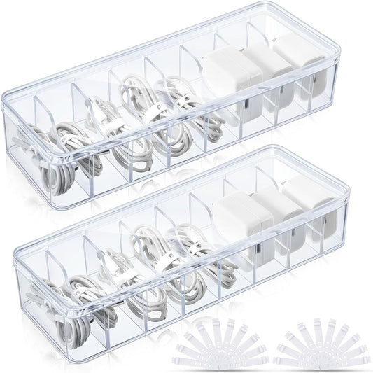 Tatuo 2 Pcs Cord Organizer for Drawer Desktop, Cable Organizer Box with 8 Compartments and Wire Ties, Plastic Charger Storage with Lid, Electronics Case for Home Office Accessories (Small,Clear)