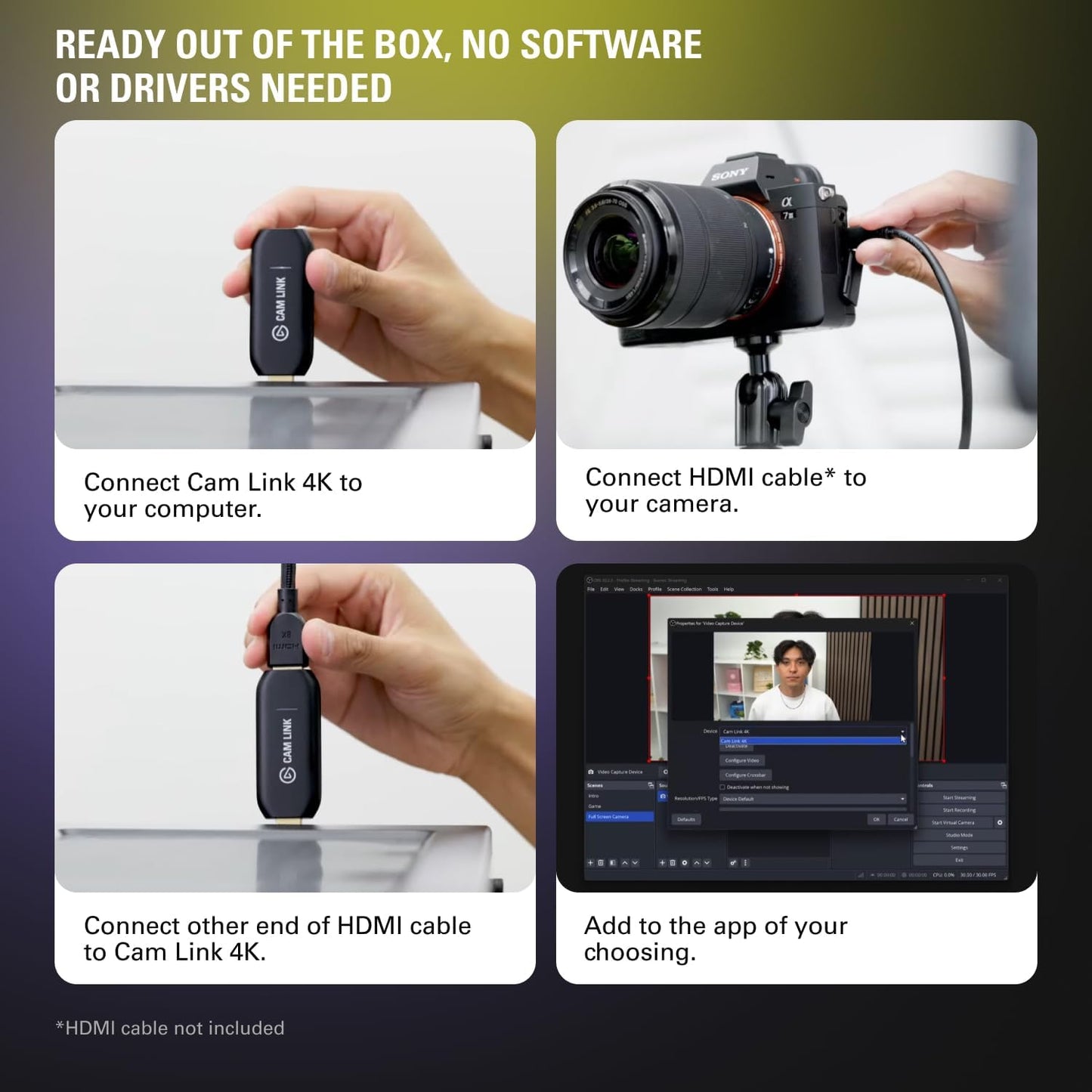 Elgato Cam Link 4K Capture Card for DSLR, Camcorder, Action Cam | HDMI to USB 3.0, Stream in 1080p60 or 4K30/60, Ultra-low latency, Works with OBS, Zoom, Discord, PC/Mac/iPad compatible