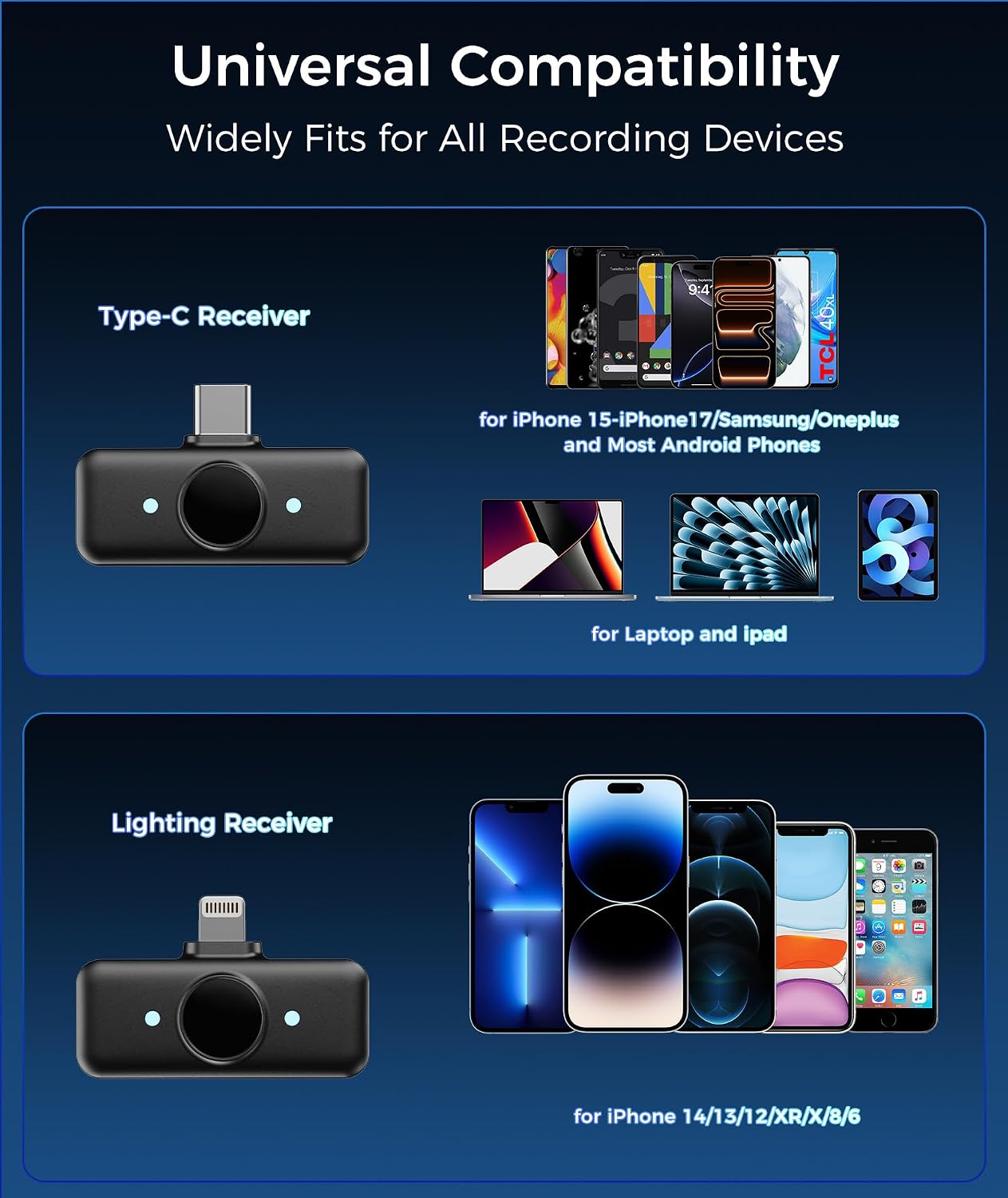 Wireless Lavalier Microphone for iPhone & Android Phones, Clip-on Lapel Mic | AI Noise Reduction & Hi-Fi Audio & 24H Working Time & 50M/164FT Range, for Video Recording/Live Stream/Vlog/Podcast/Interview