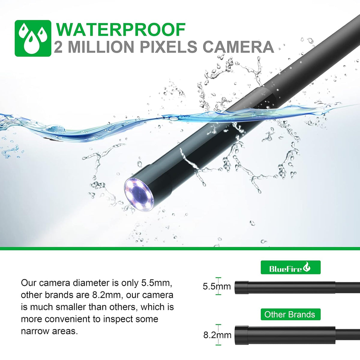 BlueFire 1080P Wireless Endoscope Camera, 5.5mm HD Borescope | 11.5FT Semi-Rigid Snake Camera with Adjustable Focus, 6 LED Lights and 1800mAh for Android iOS Phone, Inspection and Repair