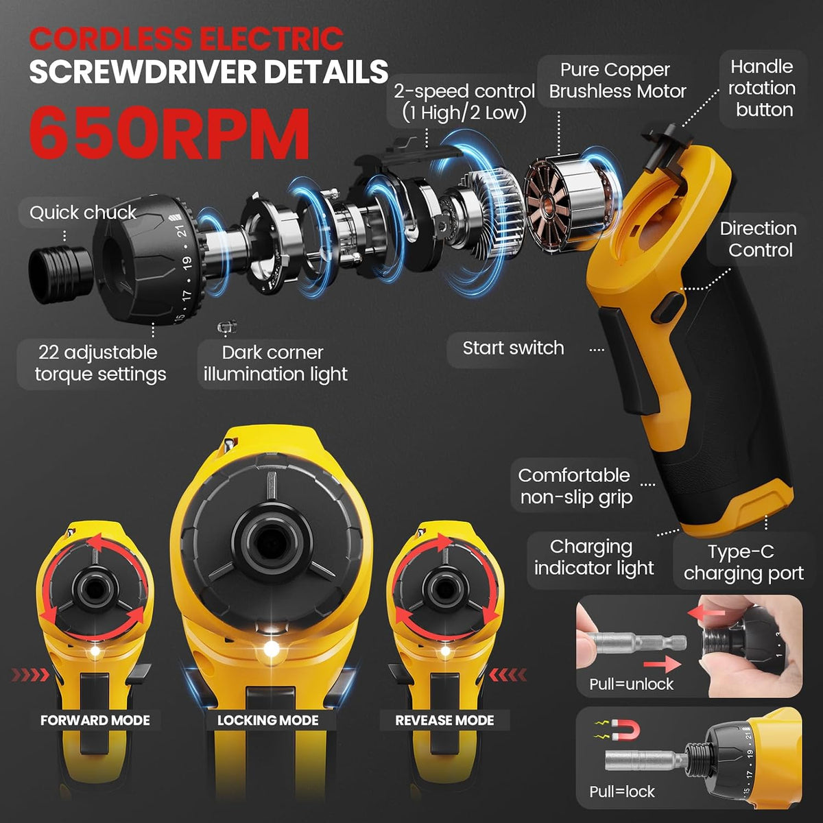 UNIWA Cordless Electric Screwdriver Rechargeable-650 RPM Power Drill-Yellow | Small Drill Cordless, 21+1 Torque Settings, 7.1N.m, 38PCS Bits, Hand Screwdriver Set, 2000 mAh, 3.6V, Pivoting Handle