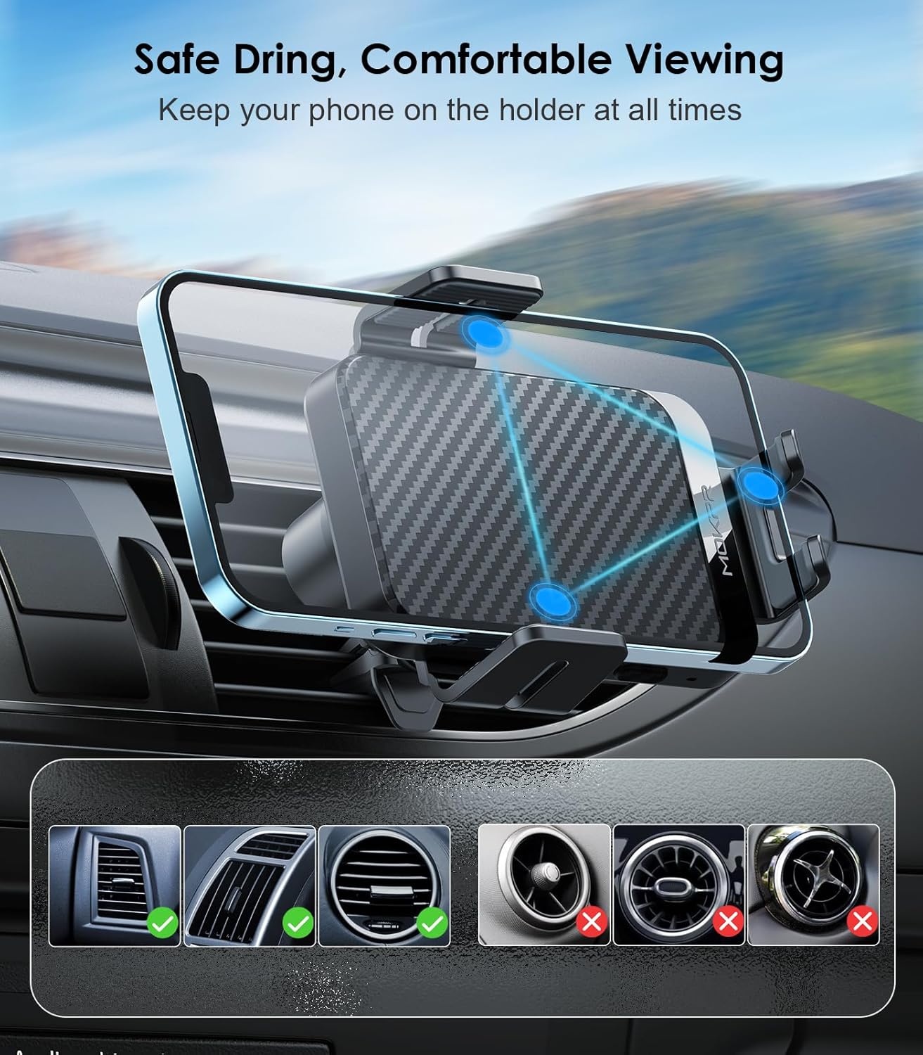 Wireless Car Charger 15W Fast Charging Auto-Clamping Air Vent Phone Mount | Cell Phone Holder Car Charger Compatible with iPhone 17 16 15/14/13/13 Pro/12 pro/12, for Samsung Galaxy Series