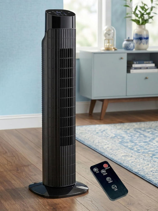 Uthfy 31 Inch Tower Fan for Bedroom, 120° Oscillating Quiet Standing Bladeless Fan With Remote, 7.5H Timer, 3 Speeds, 3 Modes, for Room, Dorm, Office, Matte Black