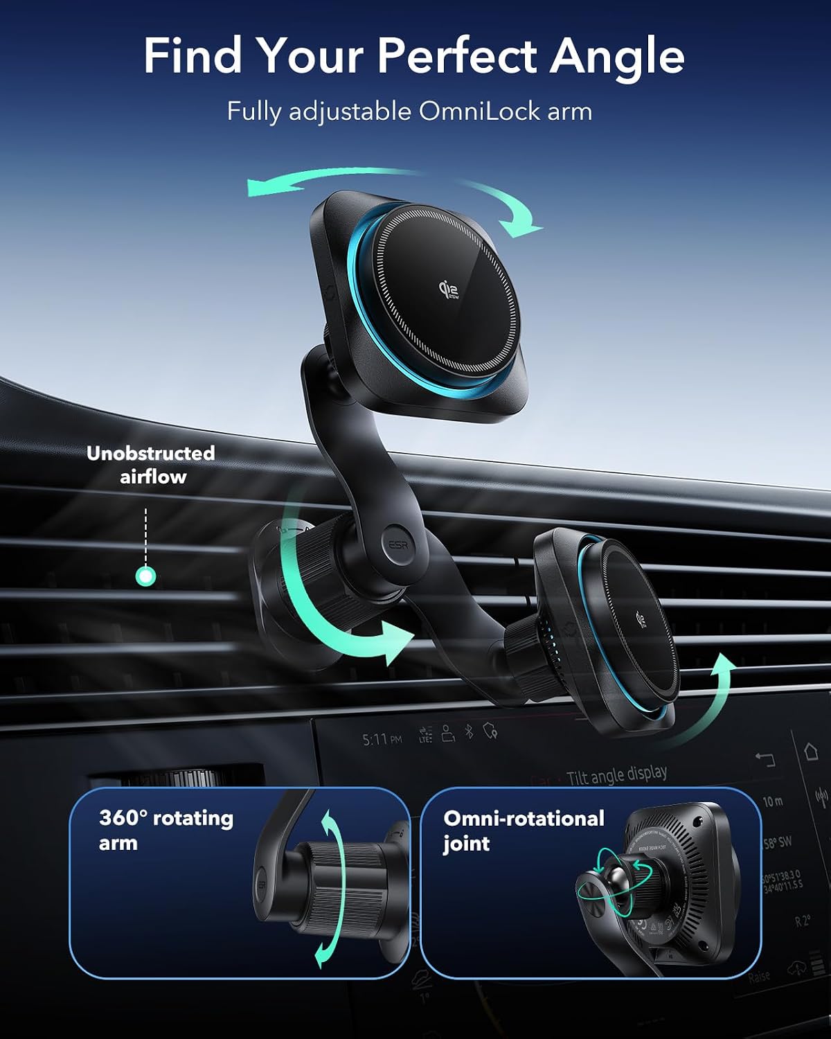 ESR OmniLock Qi2.2 25W Certified MagSafe Car Mount Charger with Cryoboost | Phone Cooling MagSafe Car Charger, 360° Rotatable, Air Vent Magnetic Car Phone Holder for iPhone 17/16 with iOS 26, S26 Ultra