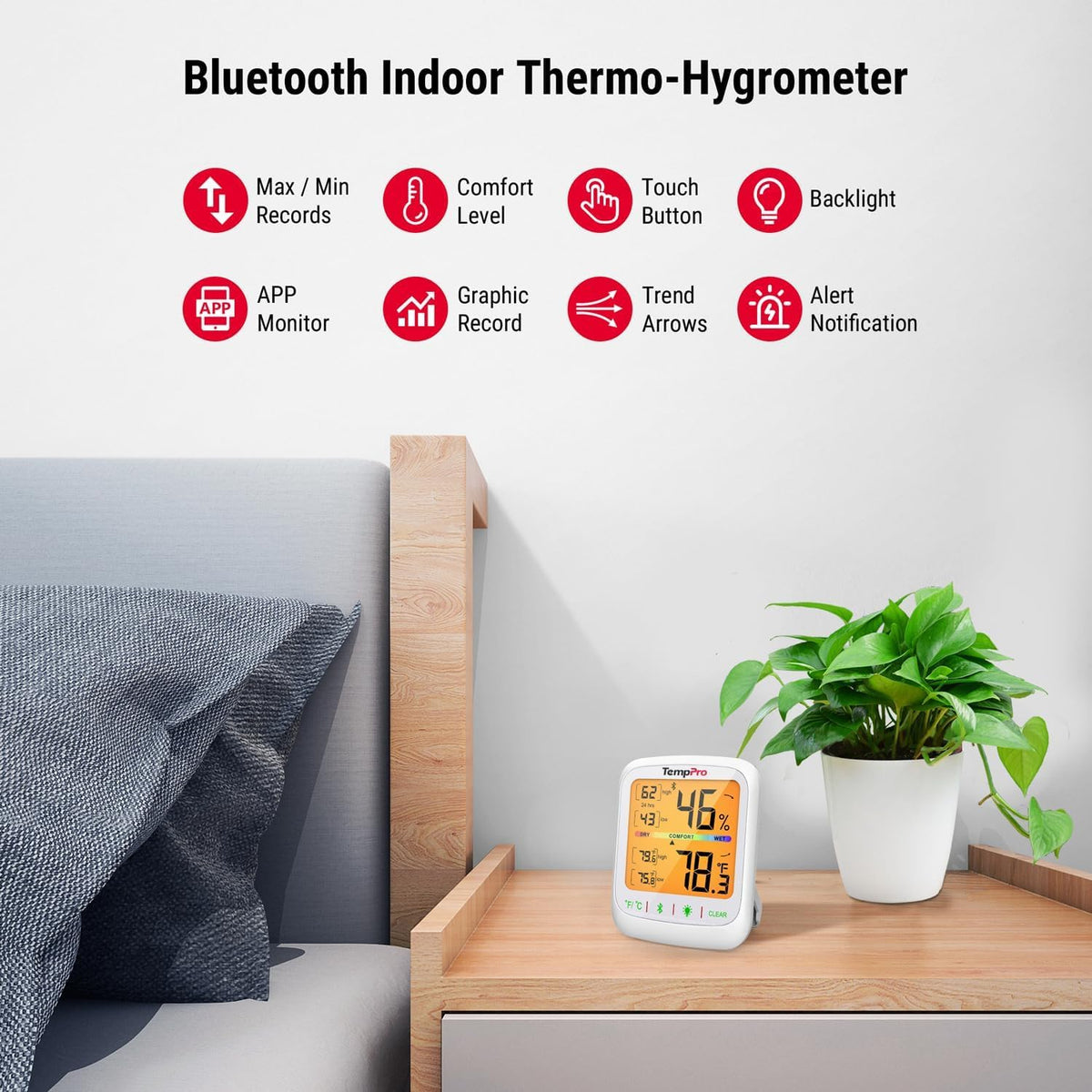 TempPro TempAir Bluetooth Hygrometer Thermometer with Large Backlit LCD