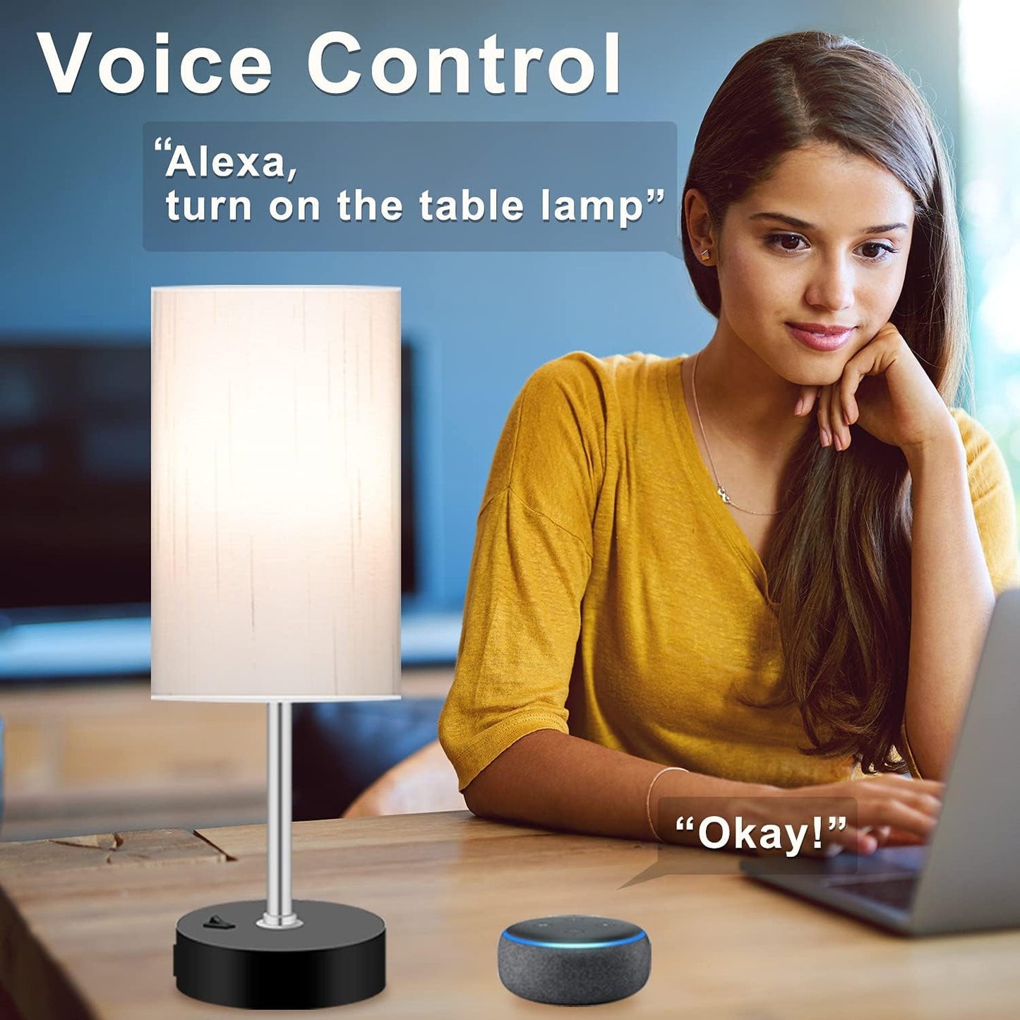 Bedroom Lamp with Smart RGB LED Bulb, Multicolor Changing Table Lamp for Bedroom with 2 USB Port, Dimmable Bedside Lamp Work with Alexa, Smart Nightstand Light for Living Room Sync with Music(2.4GHz) | Multicolor Changing;Dimmable;Alexa Control