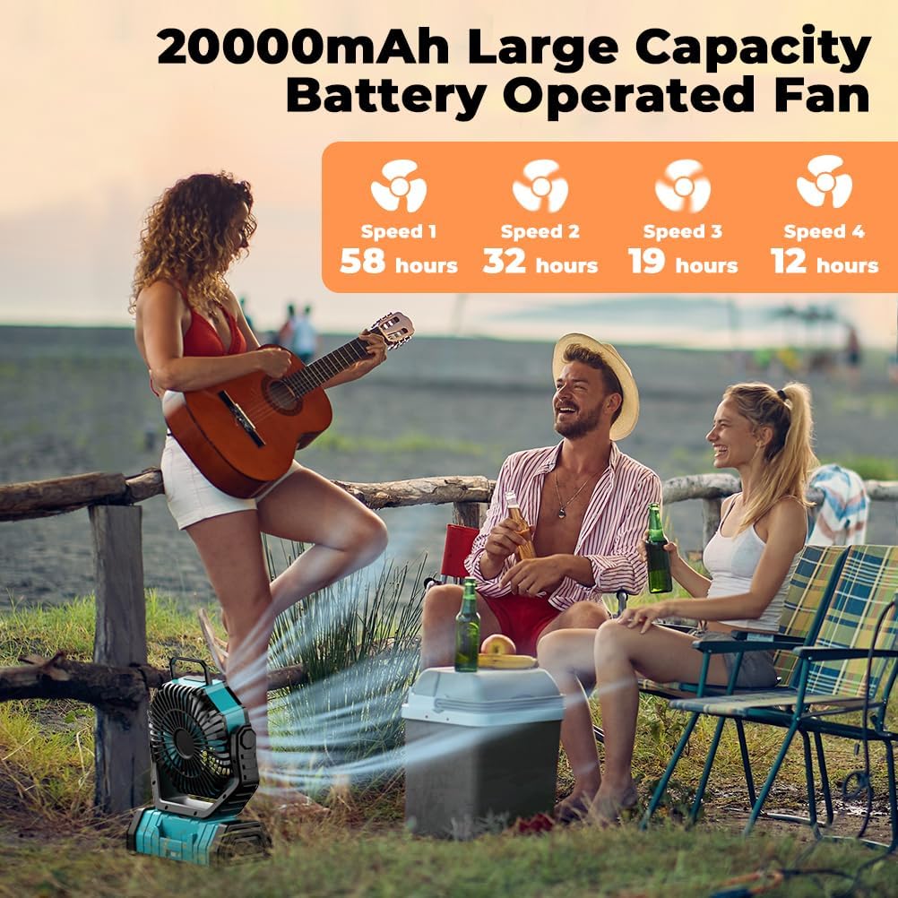 Camping Fan - 20000mAh Battery Powered Fan Rechargeable with LED Lantern - Portable Outdoor Tent Fans with Hanging Hook 4 Speeds Wind Remote Control, Blue
