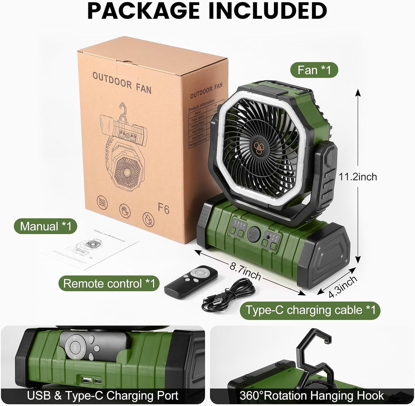 Odoland 30000mAh Camping Fan with LED Lantern, Rechargeable Battery Fan | Operated Oscillating Fan with Remote & Hook, Portable Tent Fan with Timer, 4 Speeds for Outdoor Camp RV Power Outage, Green