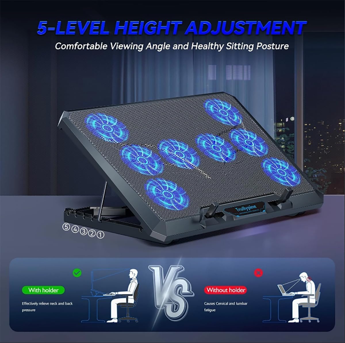 Laptop Cooling pad for Dell Latitude 3340 Gaming laptops, Laptop Cooler with 8 Fans, Adjustable Speed, 5-Level Height Adjustment, Mute Silent,Built-in Phone Stand