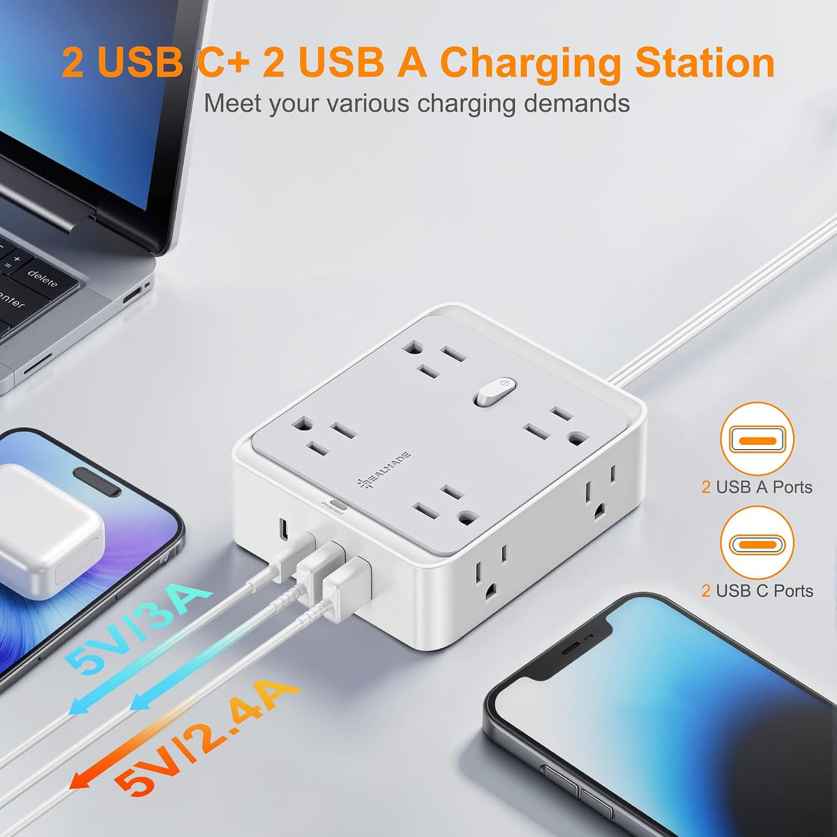 Surge Protector Power Strip, REALMADE 8 AC 4 UAB Power Strip with 950J Surge Protection, Flat Plug Outlet Extender, 10Ft Extension Cord, Wall Mount Desk Charging for Home Office， Gray & White