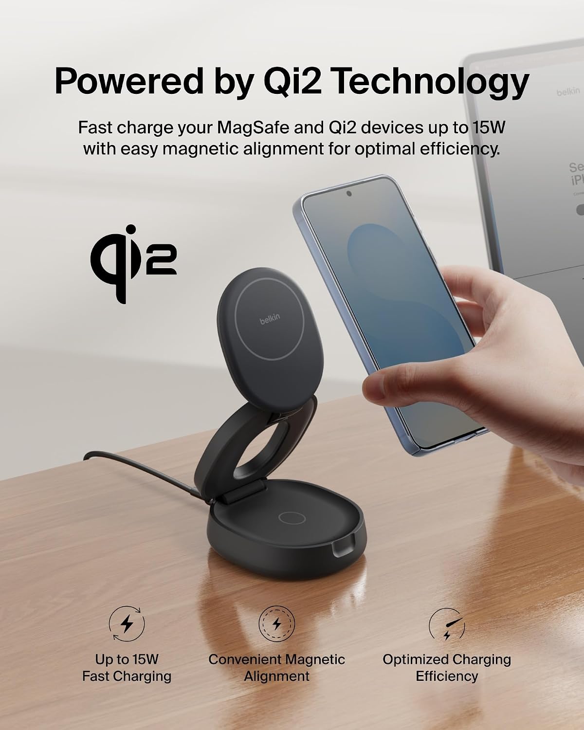 Belkin Qi2 15W Wireless Fast Charging Station, 2 in 1 iPhone Charger | Fast Charging, MagSafe Compatible, iPhone 17/16/15, AirPods, Travel Charger, Magnetic