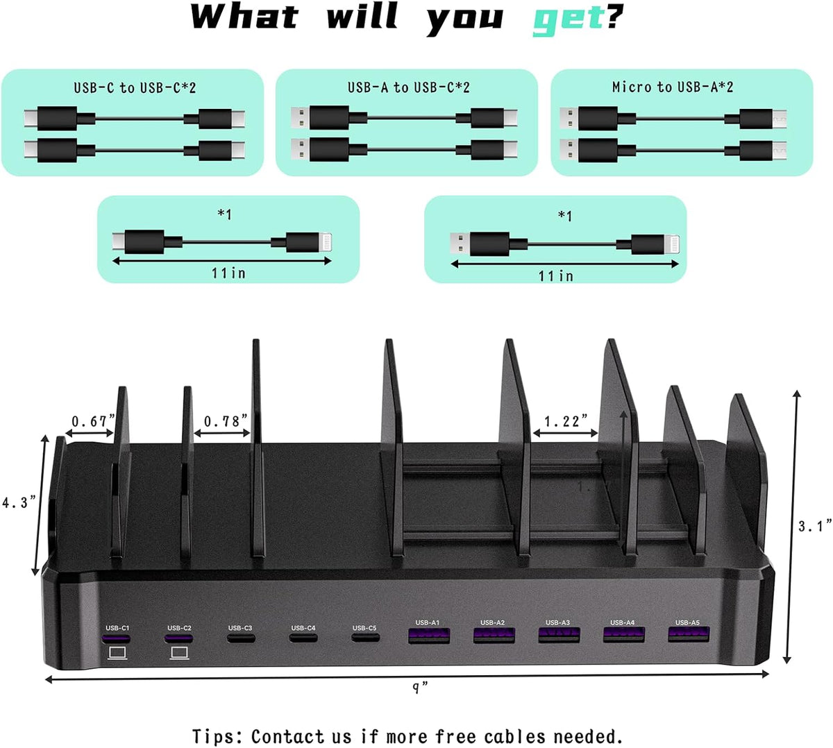 Zobirez 420W 10-Port Fast USB Charging Station for Multiple Devices, Black