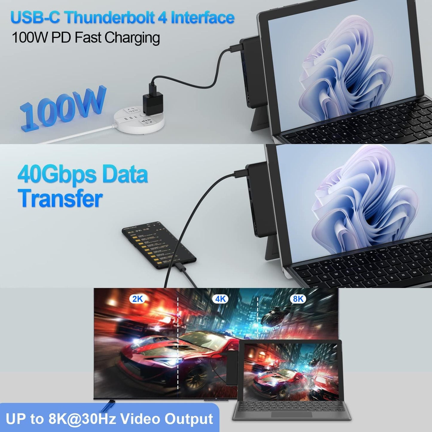 Surface Pro 9/10/11/X Accessories, Surface Pro 9 Docking Station with 4K HDMI, USB-C Thunerbolt 4 (Display+Data+PD Charging), 2 USB 3.0, SD/TF Card Reader for Surface Pro 9/Pro10/Pro11/ProX