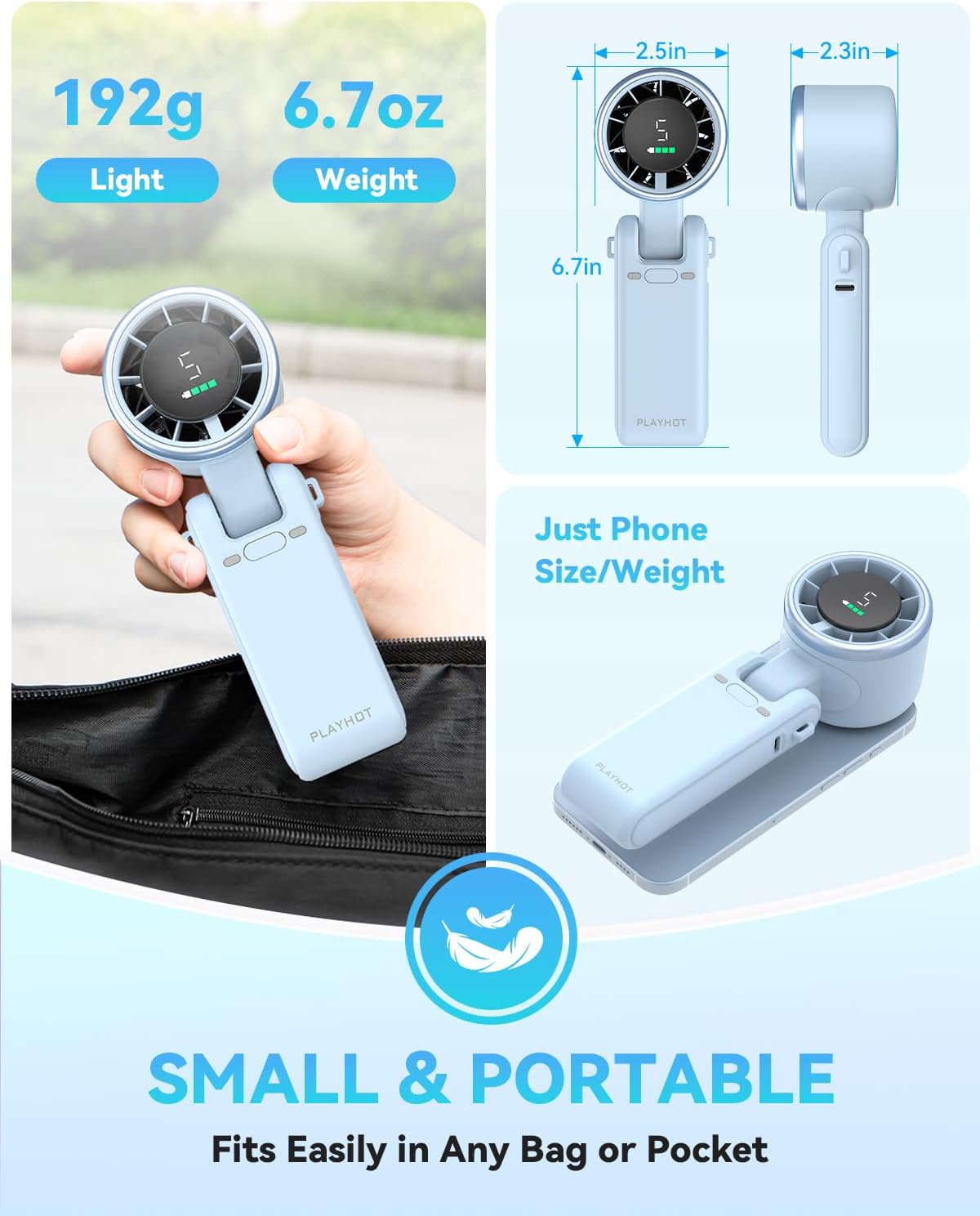 PlayHot Portable Handheld Turbo Fan, Travel Essentials, Gifts for Women/Men | 5-Speed, Up to 12H, 10m/s Airflow, USB-C Rechargeable, LED Display, 3-in-1 Foldable Personal Fan for Cruise, Beach, Vacation