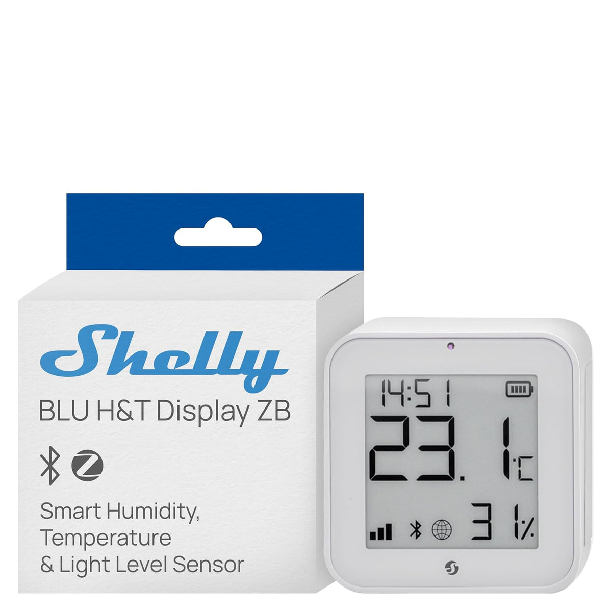 Shelly BLU H&T Display ZB White, Bluetooth & Zigbee Operated Temperature & Humidity Levels Sensor, E-Paper Display, Home Assistant, Alexa, Google Home, Real-Time Monitoring, Long-Life Battery