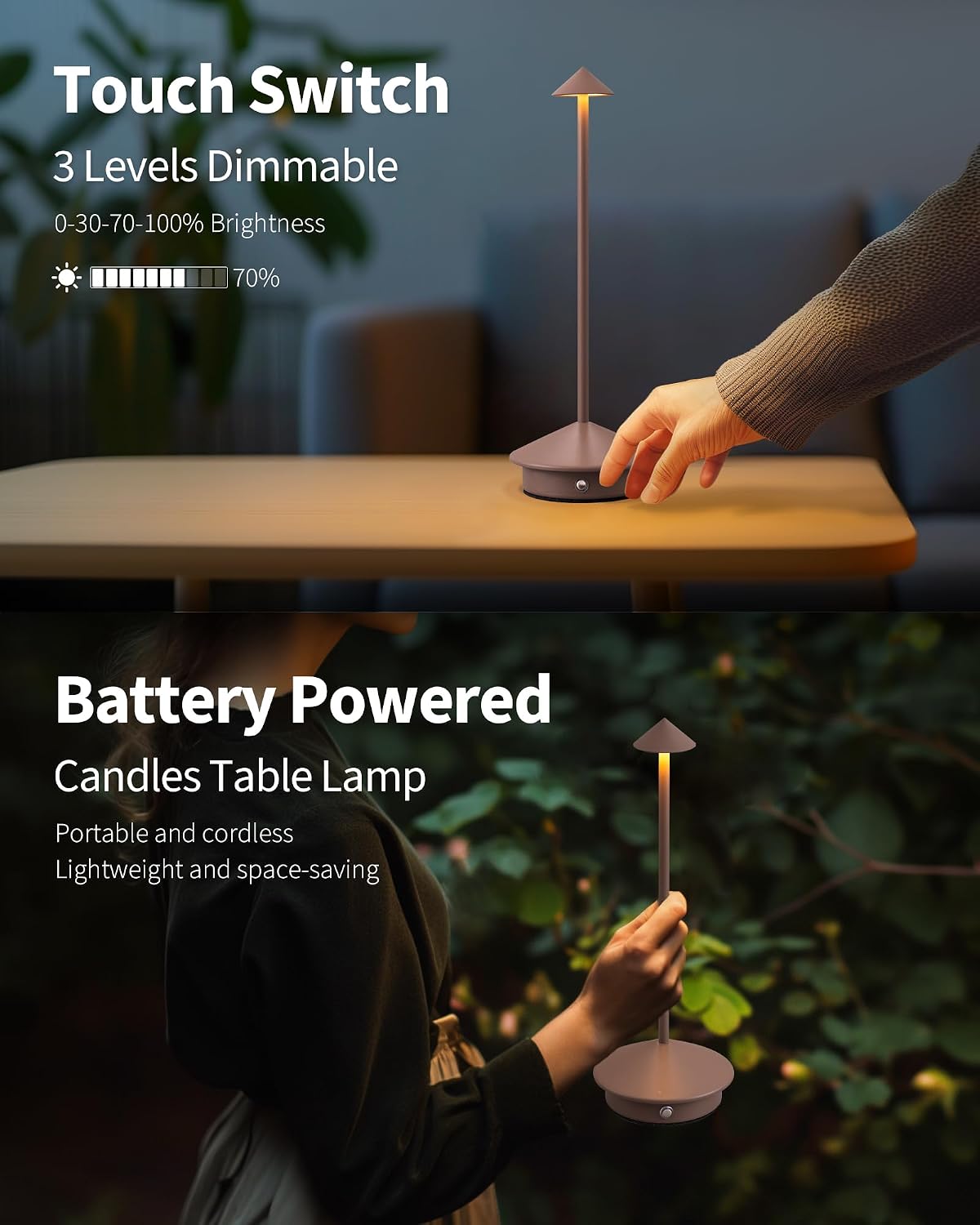 Modern Cordless Table Lamp Set of 2, Brown Portable LED Desk Lamps | 5000mAh, Rechargeable, Battery Operated Lighting for Bedroom, Dining Room, Restaurant, Coffee Shop, Camping, Night Light