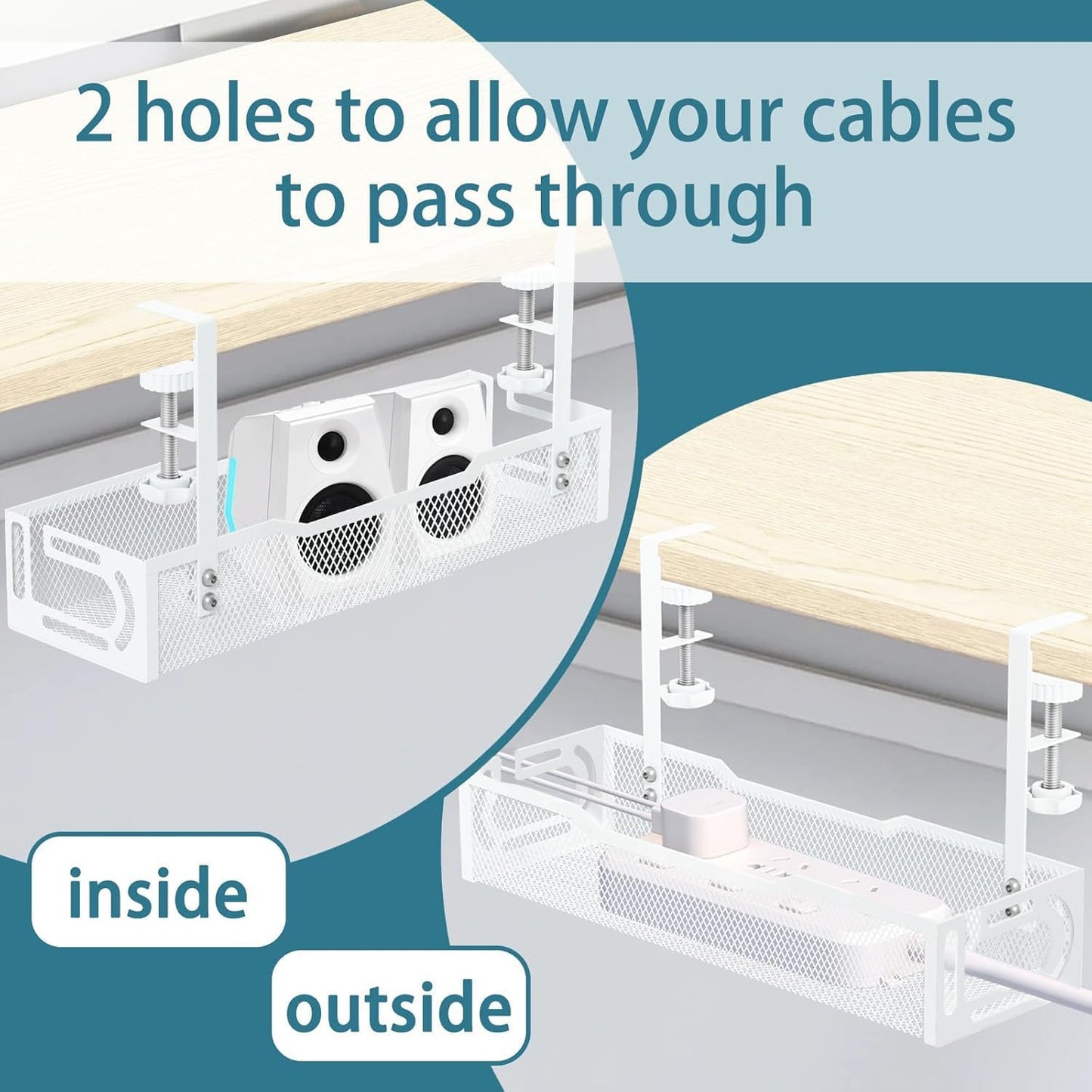 Under Desk Cable Management Tray, No Drill Mesh Desk Cable Tray, Wire Management Tray Cable Management Rack, Cord Organizer and Cable Management Box (White)