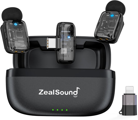 ZealSound Mini Wireless Lavalier Microphone for iPhone iPad Android, Dual Channel Wireless Mics with Noise Cancellation, Mute & Volume Control, 33H Battery Case, USB-C & Lightning Plug & Play, Black