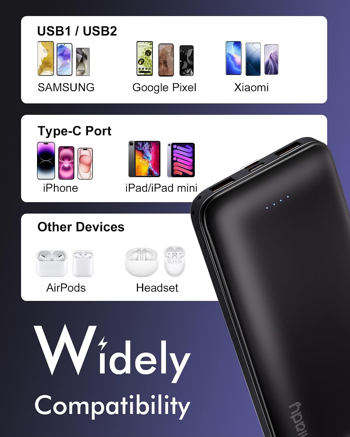 Miady 2-Pack Portable Charger, Slim 10000mAh Power Bank Travel Battery Pack | Dual USB丨3 Outputs 2 Inputs丨for Backpack Travel Camping丨Slim丨Compatible with iPhone Android etc丨Flight-Safe丨37Wh丨Black+White