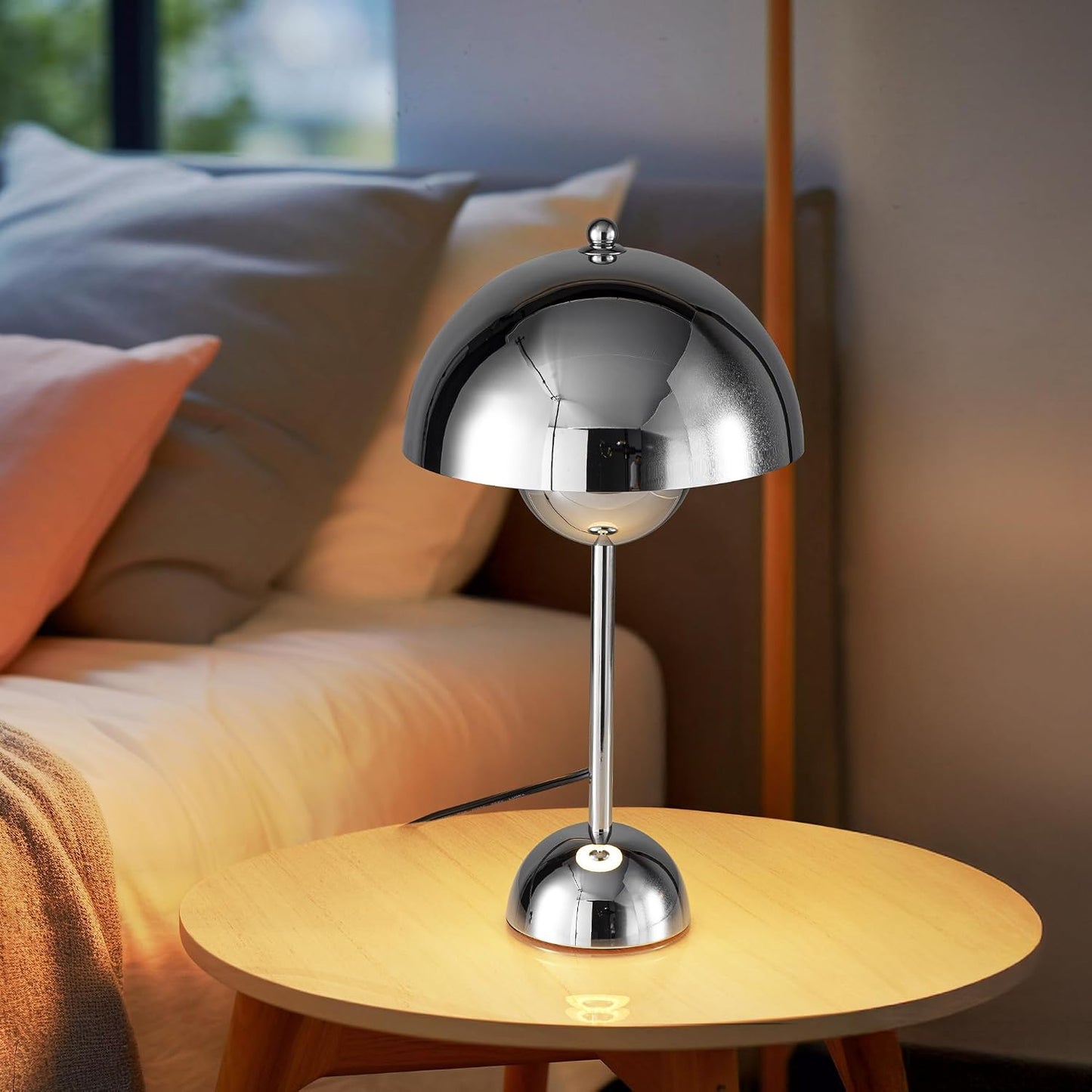 COSYLUX Creative Mid-Century Modern Bud Table Lamp, Chrome | Cute nightlight reading desk lamp, indirect lighting, all-metal construction, fits for bedroom, living room, study, office