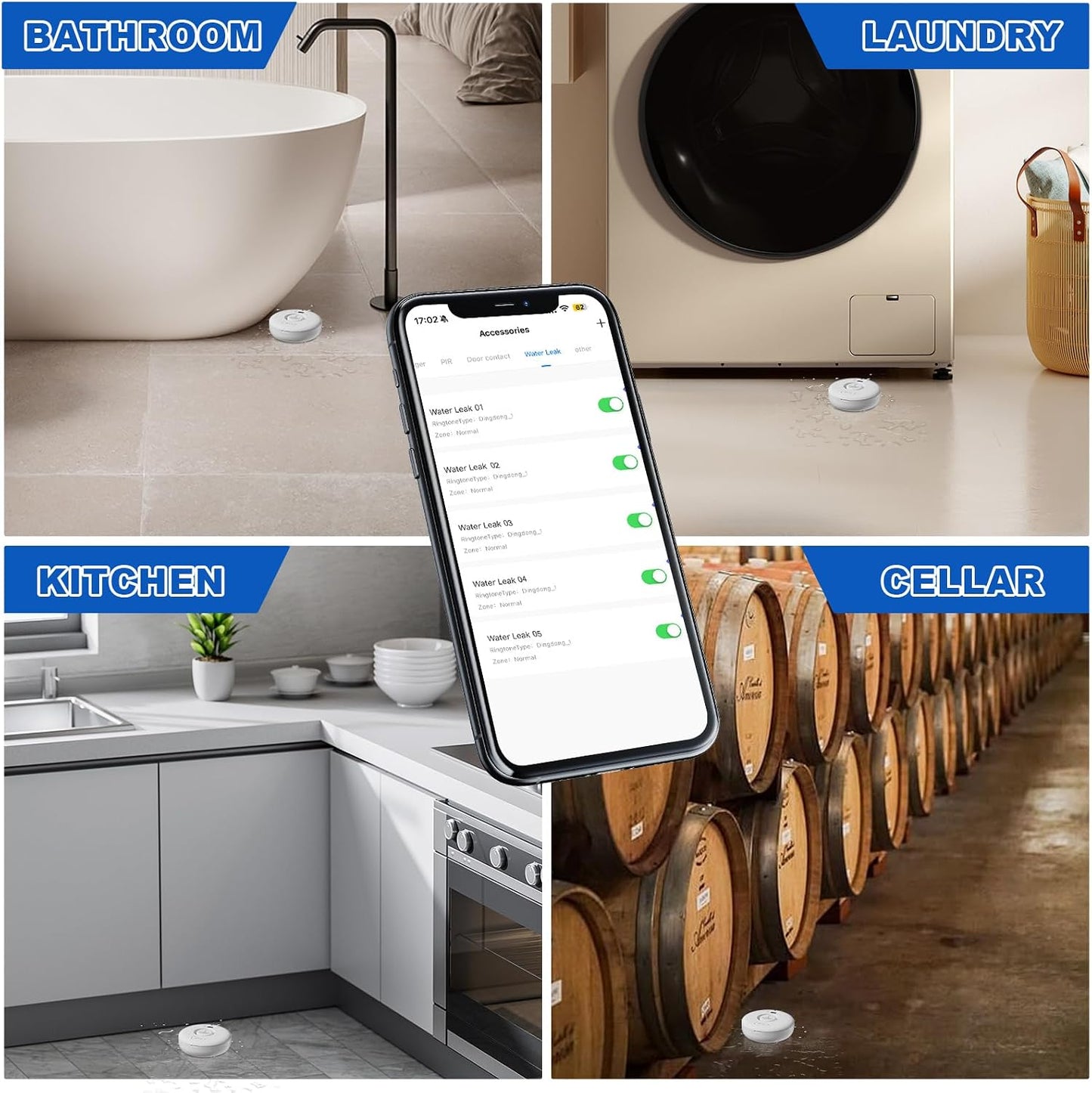WiFi Water Leak Detector for Home 5pack, 120dB Adjustable Alarm, Smart Water Sensor Alarm, Wireless Water Leak Alert with App Notification, 5 Sensors & 1 Gateway for Bathroom,Laundry,Kitchen