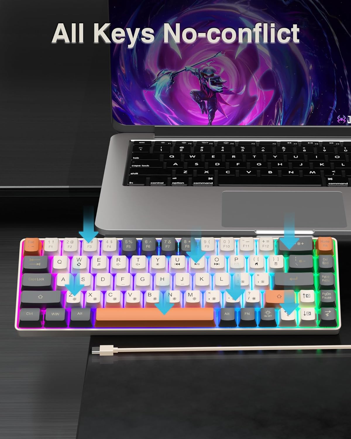 CORBOBO 60 Percent Keyboard,RGB Backlit Gaming Keyboard USB-C Wired,Portable 68 Keys Compact Mini Keyboards for Business Trips,Office,PC Games (SK968,Grey&Orange)