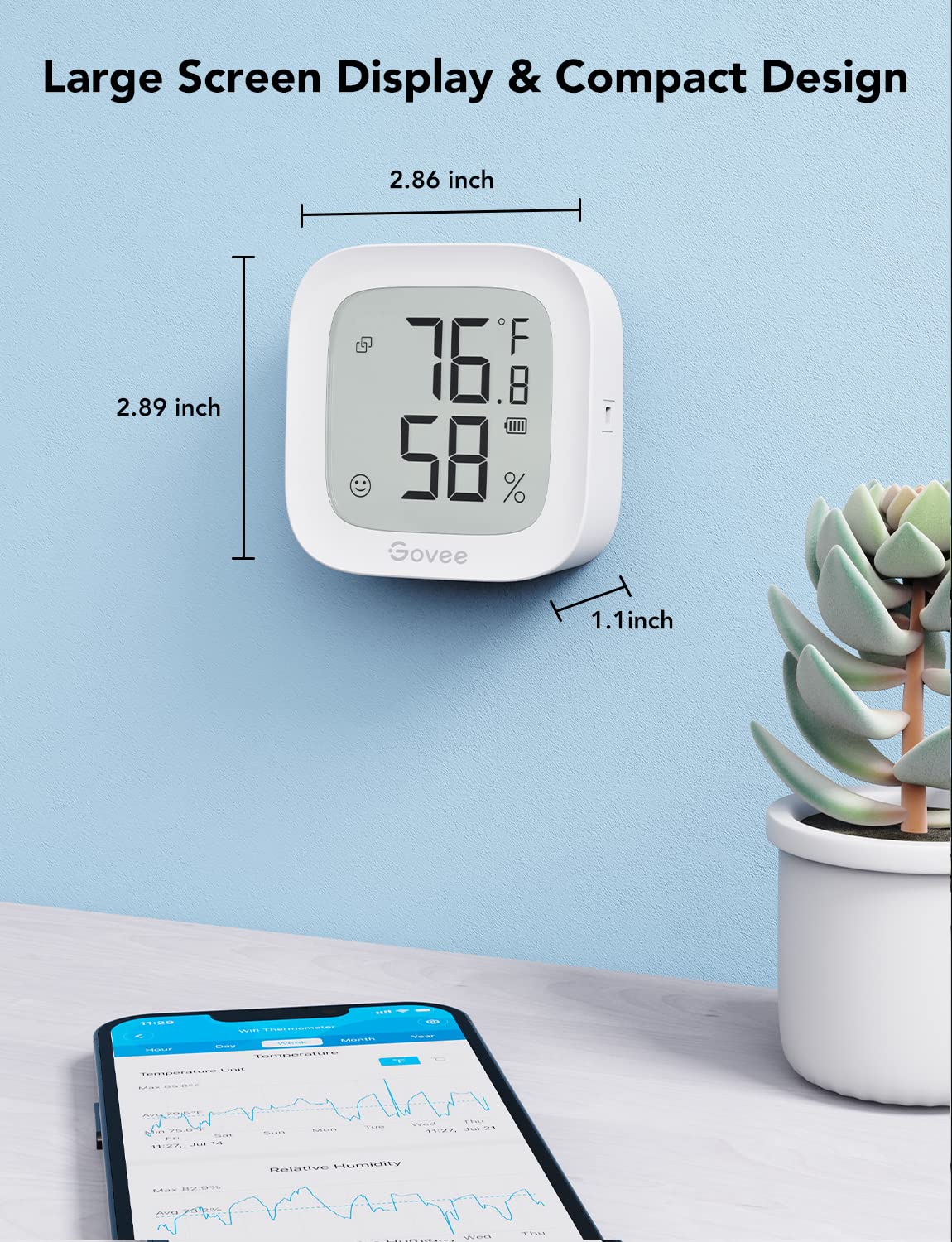 Govee WiFi Thermometer Hygrometer H5103 with Electronic Ink Display | Temp and humidity monitor with alert, 2.4G WiFi & Bluetooth, 2-yr data export. For bedroom, wine cellar, basement