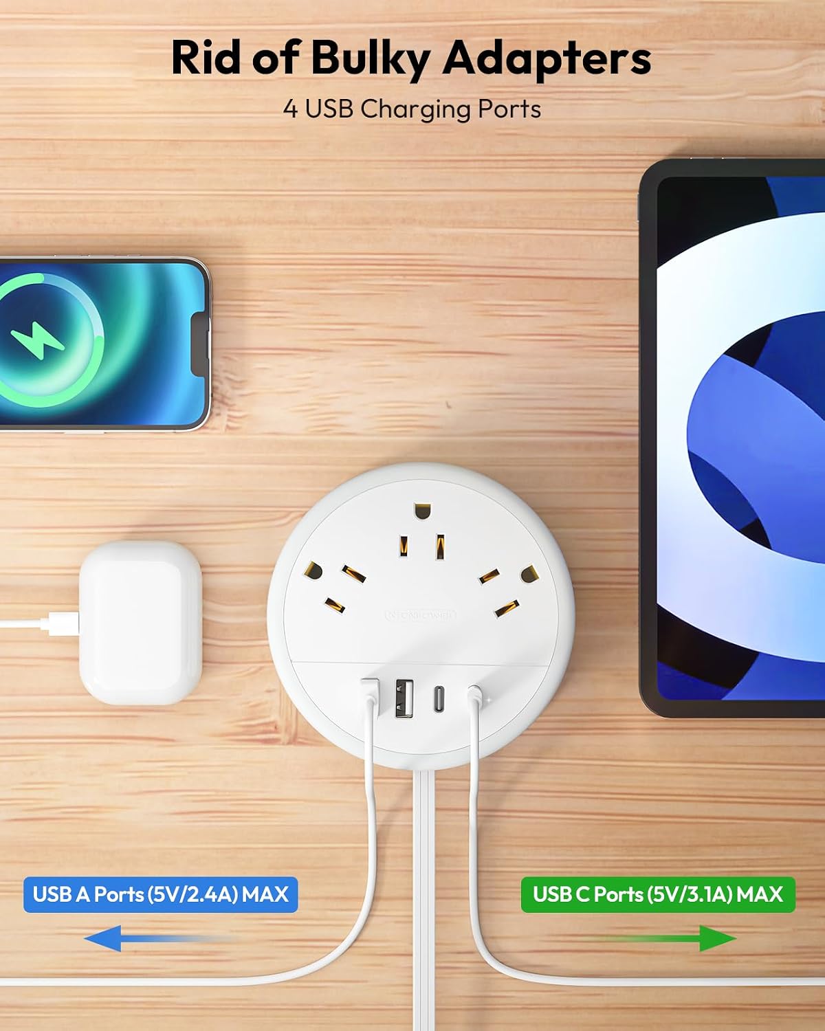 NTONPOWER Travel Power Strip, Travel Essentials, Cruise Essentials 2026 | Cruise Approved Power Strip, 3 Outlets 4 USB Ports(2 USB C), 4FT Wrapped Around Cord, Beach Vacation Essentials, Travel Gift