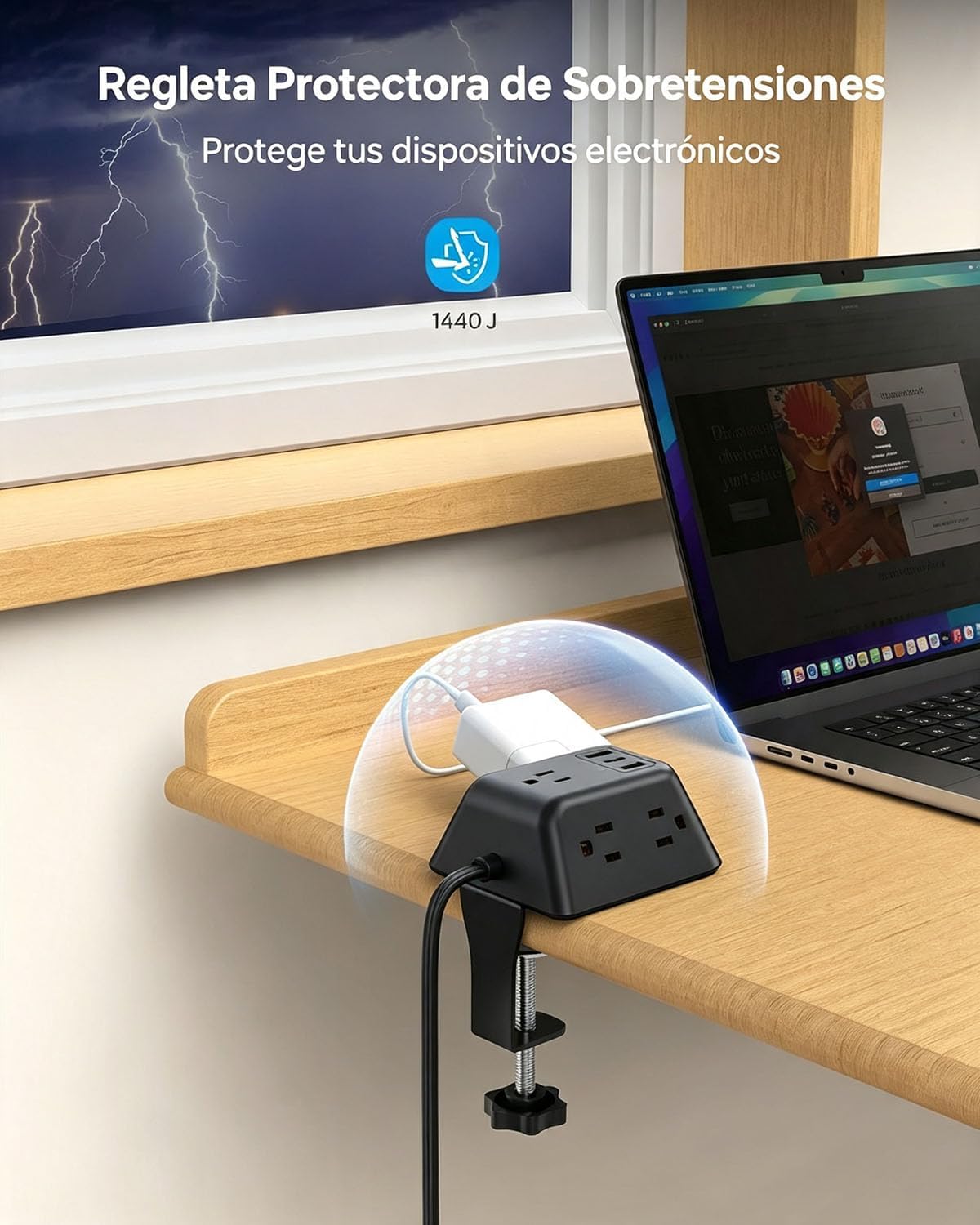 TROND Desk Clamp Power Strip with 5 AC Outlets and 3 USB Ports, Black | Desk Mount Charging Station, Fit 1.97in Tabletop Edge Thick, 1440J, 6FT Extension Cord, for Home Office Gaming Accessories