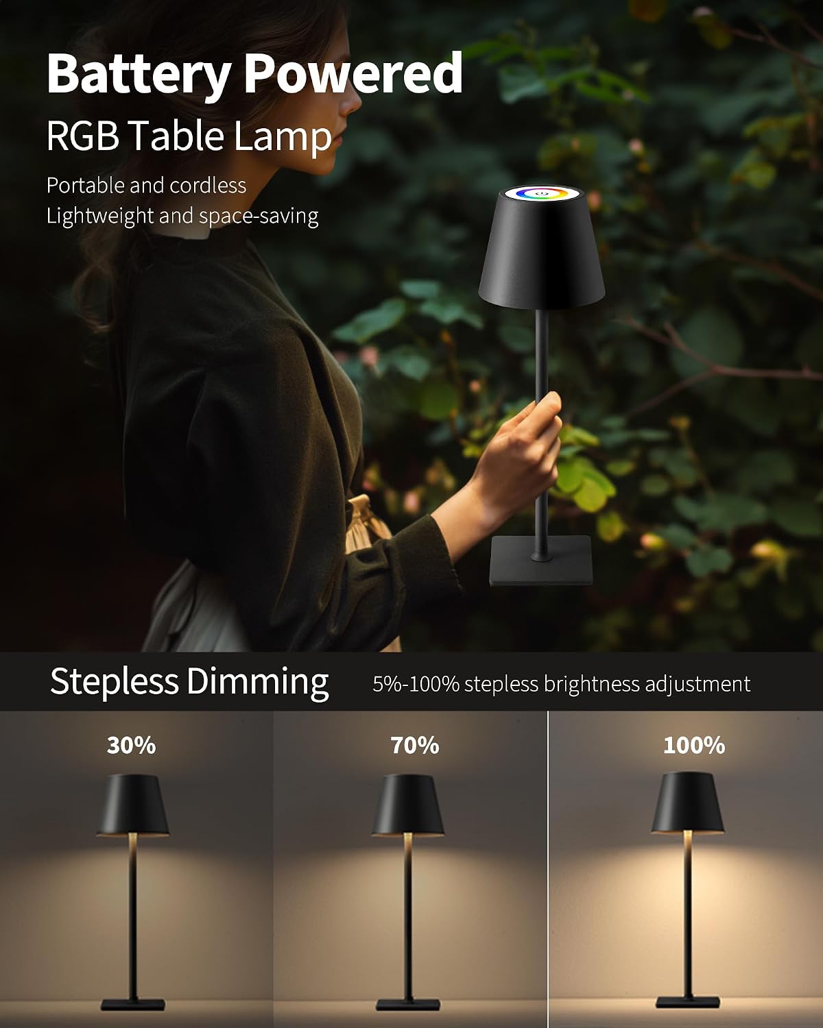 KDG 2 Pack Cordless Black Table Lamps, RGB Color Stepless Dimming Desk Lamp | 4000mAh Battery Operated Rechargeable Portable LED for Restaurant, Bedroom, Outdoor Garden, Camping, Coffee Shop, Nightlight