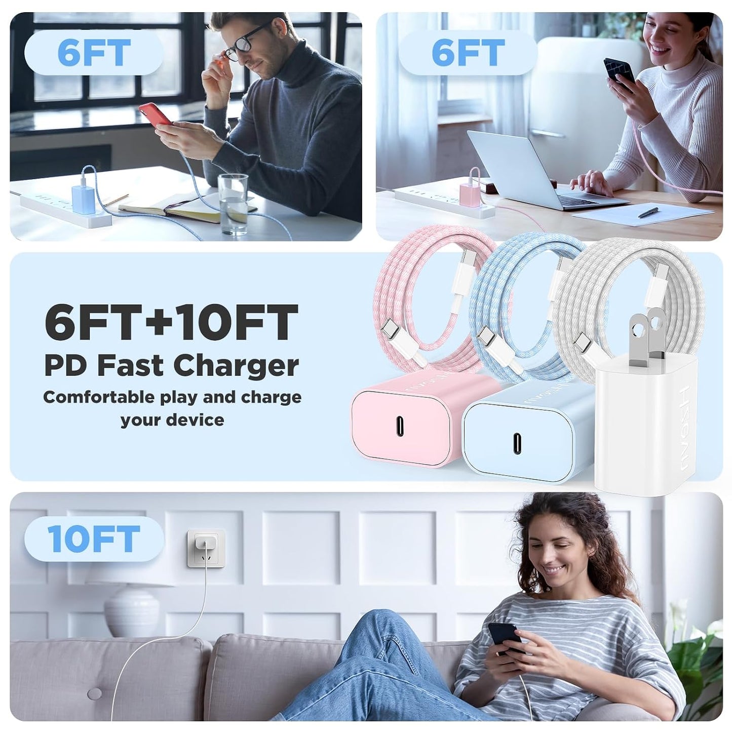 20W USB C Fast Charging for iPhone 17 Air/16/15 Pro Max,3Pack Colorful Mixed Charger Block with Braided Long USB C to C Cables (6/6/10ft) Compatible with iPhone16/15 Pro/15 Plus/iPad Pro