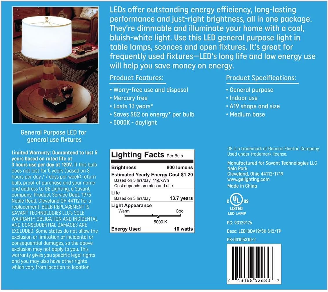 GE Daylight LED 60W Equivalent General Purpose A19 Light Bulbs (12 Pack)