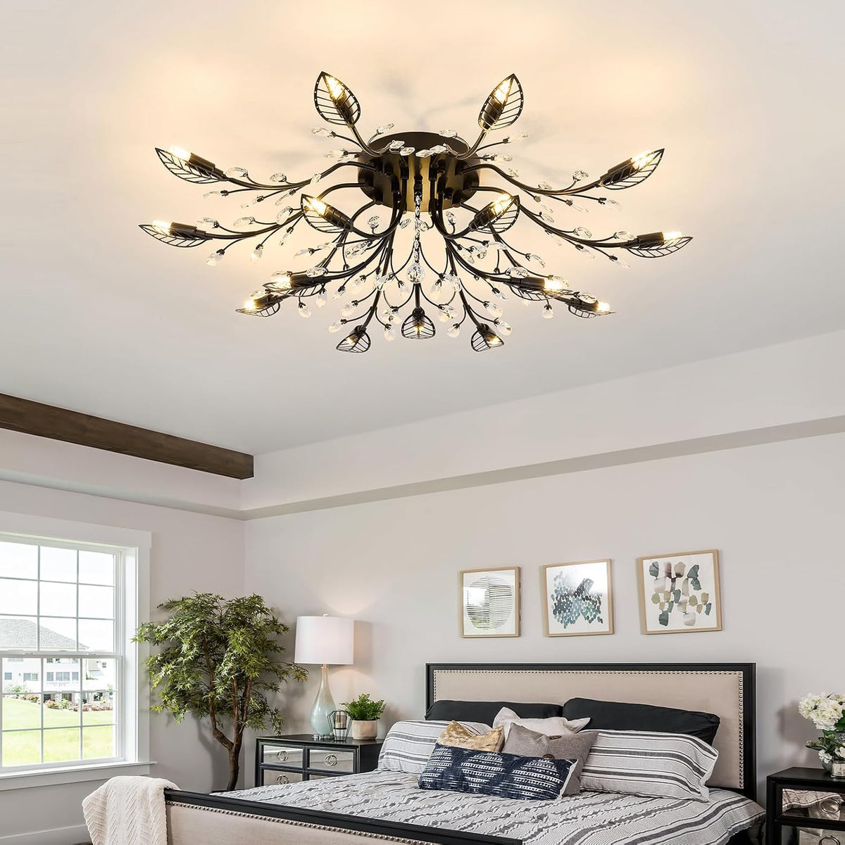 CVKASH 15 Light Vintage Small Crystal Chandelier Modern Branche Semi Flush Mount Ceiling Light Fixture Black Chandelier Lighting for Kitchen Bedroom Living Room Dining Room Hallway Foyer